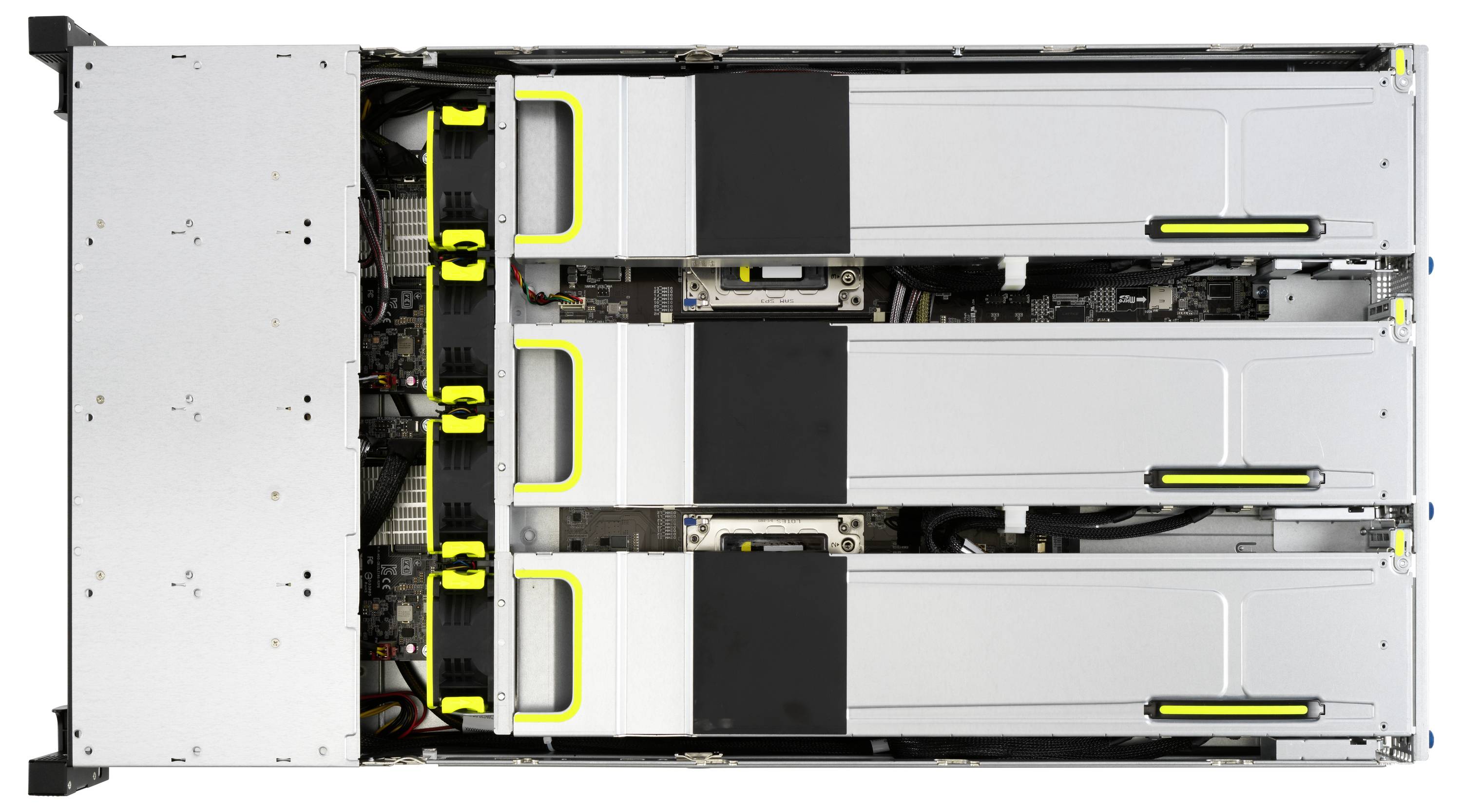 Un telaio del server visto dall'alto con tre unità GPU nere e argentate installate, fissate da leve gialle.