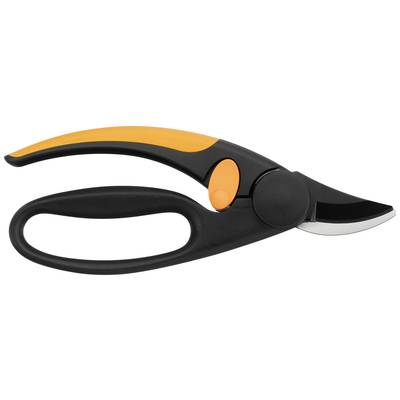Forbici da giardino nere e arancioni con impugnatura ergonomica e lama curva, per tagliare gli steli delle piante.