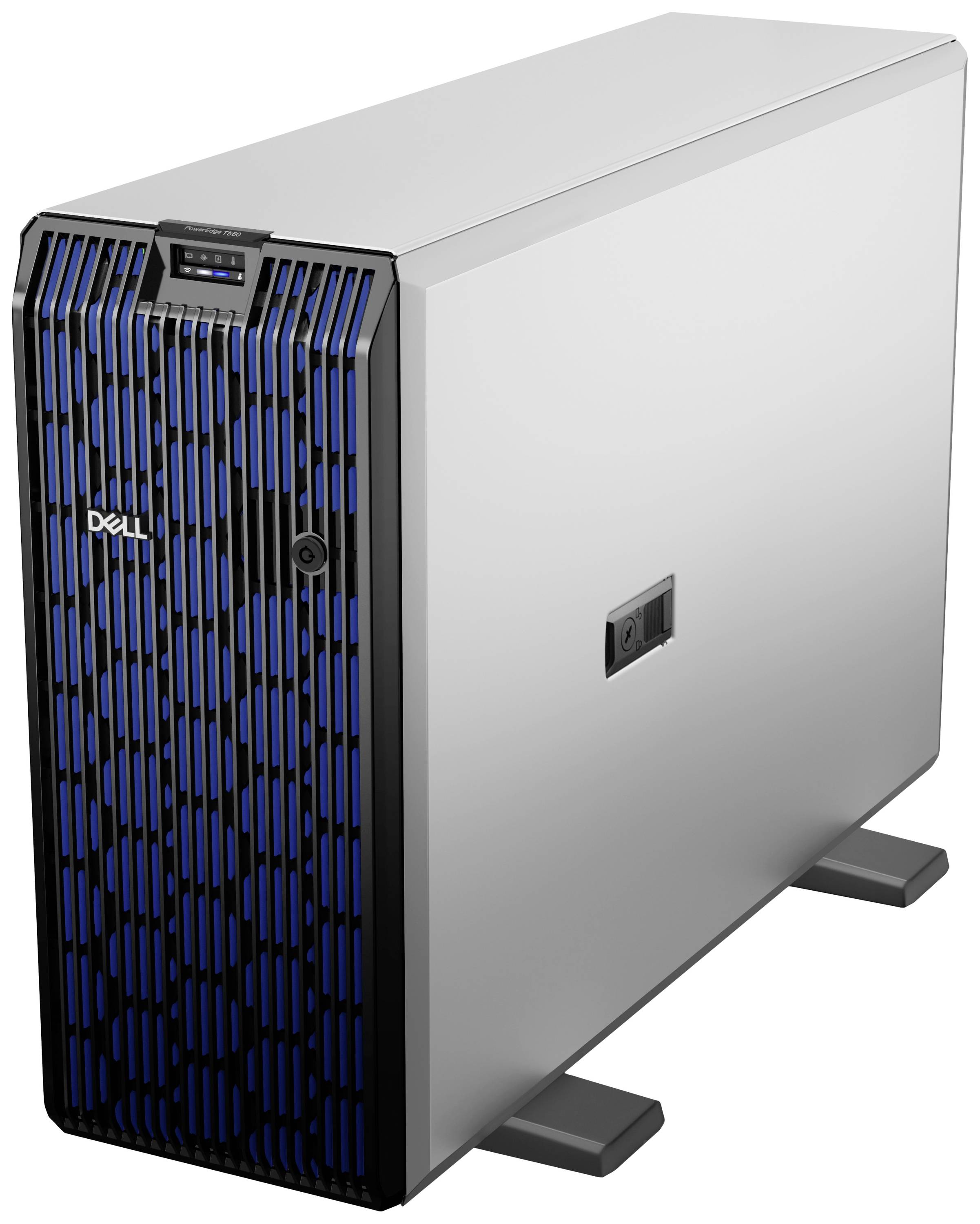 Un case per server tower in argento con copertura frontale blu a griglia e piedini neri su entrambi i lati.