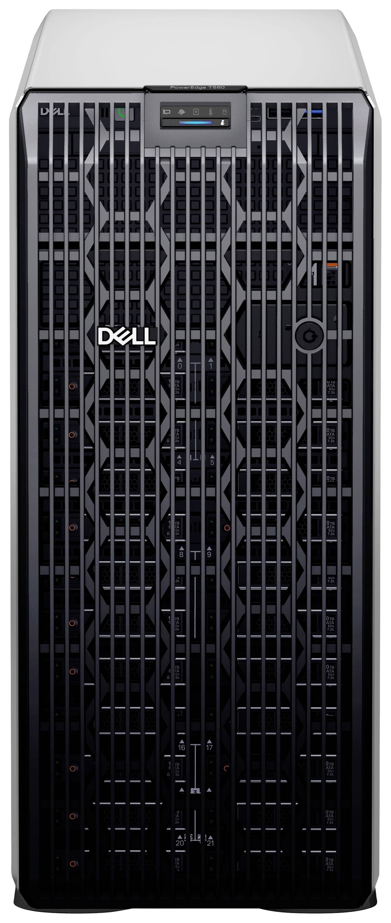 Un server tower nero con un motivo a griglia sulla parte frontale, con il logo di un noto produttore di computer.