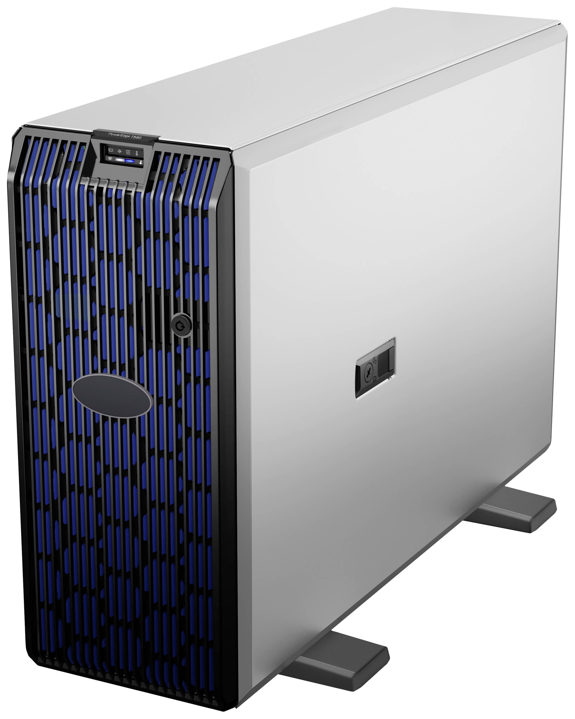 Un server informatico argentato è in piedi verticalmente su due piedini, con una struttura a griglia frontale blu-nera e diversi fori di ventilazione.