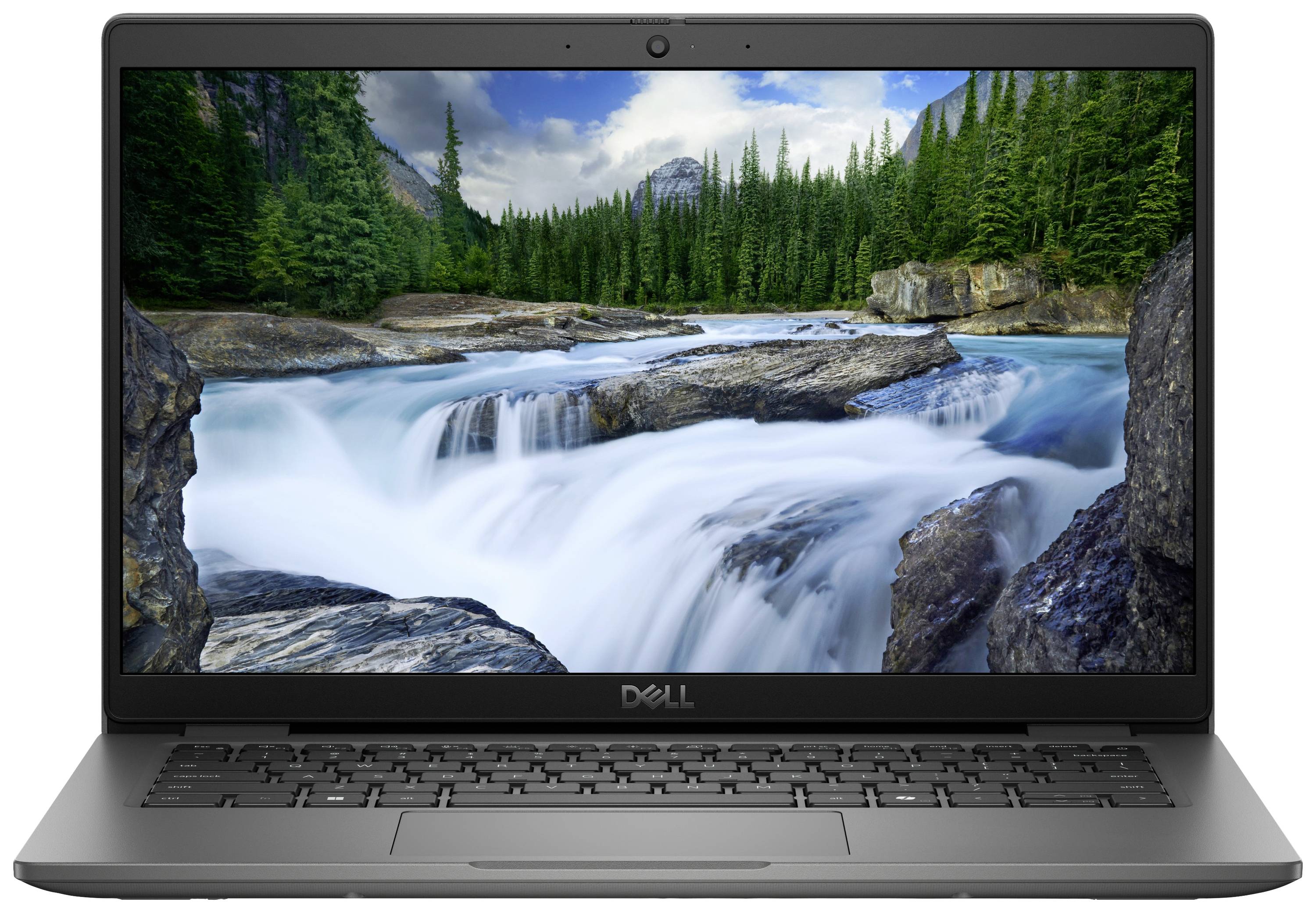 Un laptop con schermo aperto mostra un'immagine di un fiume che scorre attraverso montagne boscose.