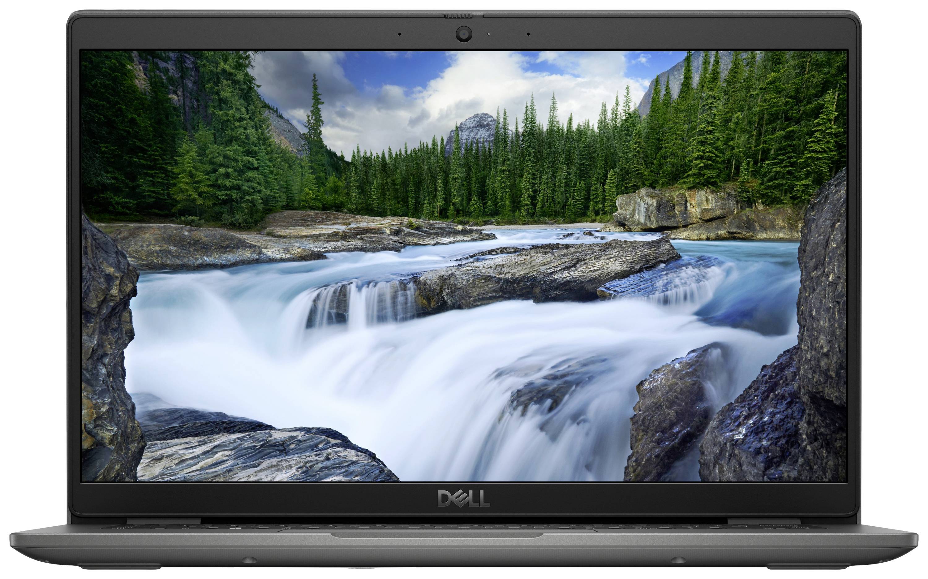 Un laptop con un'immagine di un fiume che scorre attraverso un bosco con montagne sullo sfondo. Lo schermo mostra una scena incontaminata.