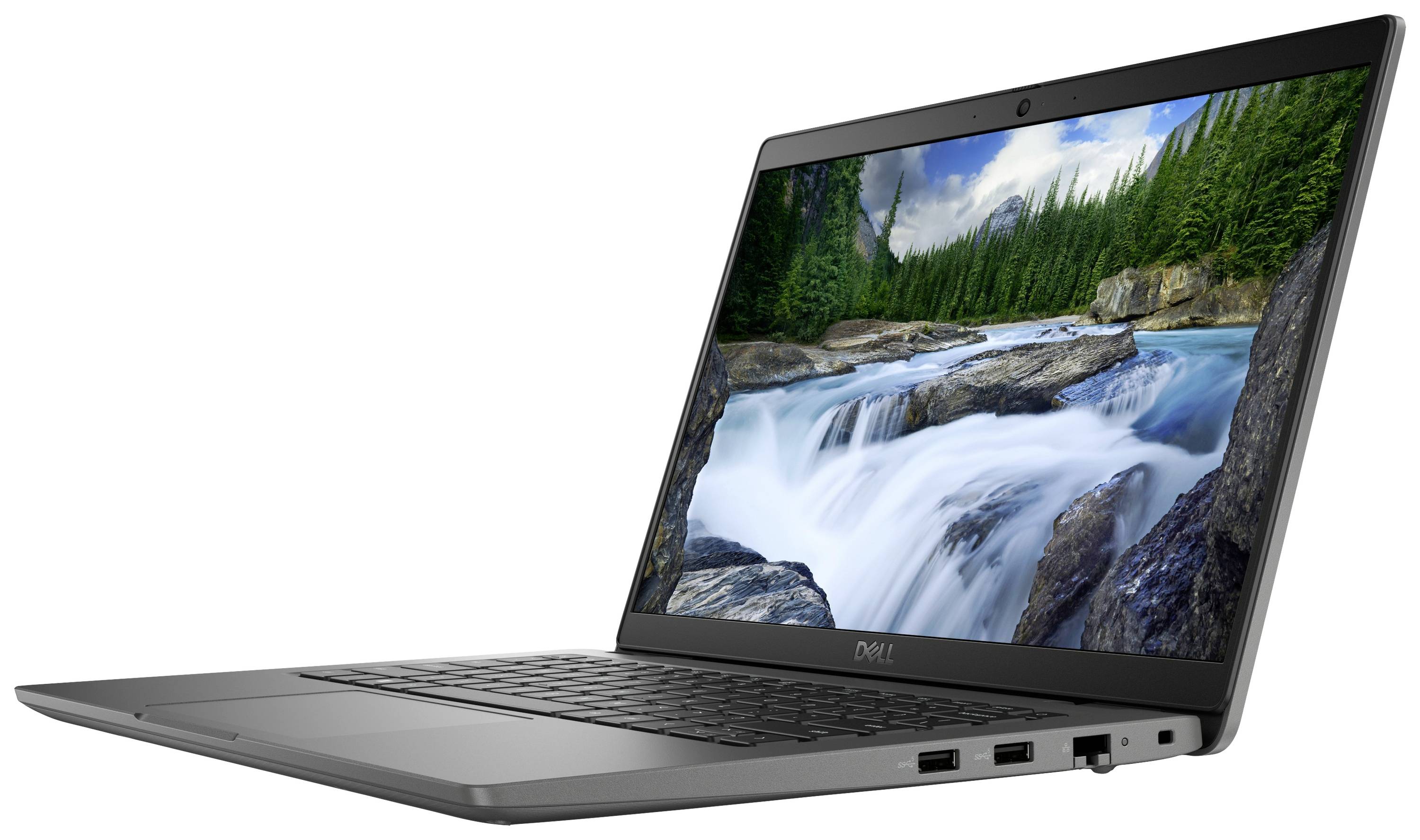 Un laptop aperto con un'immagine di un fiume roccioso e un bosco sullo schermo. Il laptop è grigio e ha diverse porte di connessione sul lato.