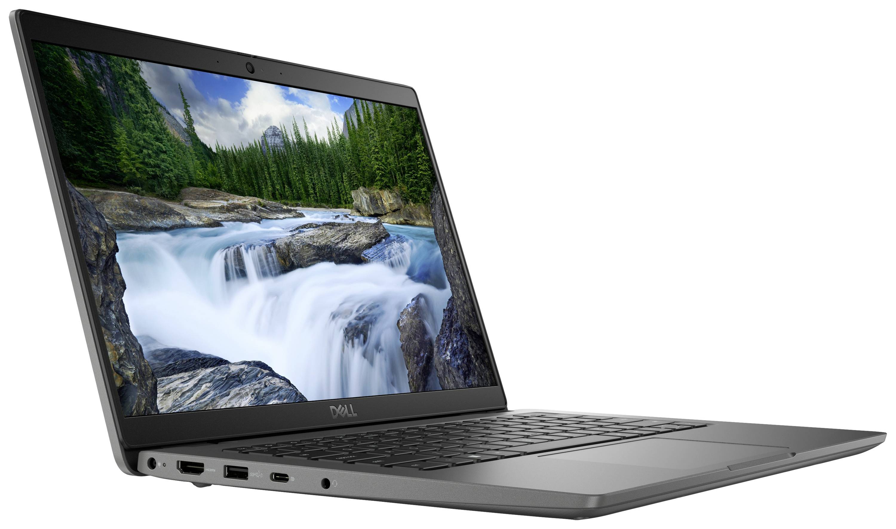 Un laptop con schermo aperto mostra un'immagine di una cascata in un paesaggio boschivo. A sinistra sono presenti delle porte di connessione.
