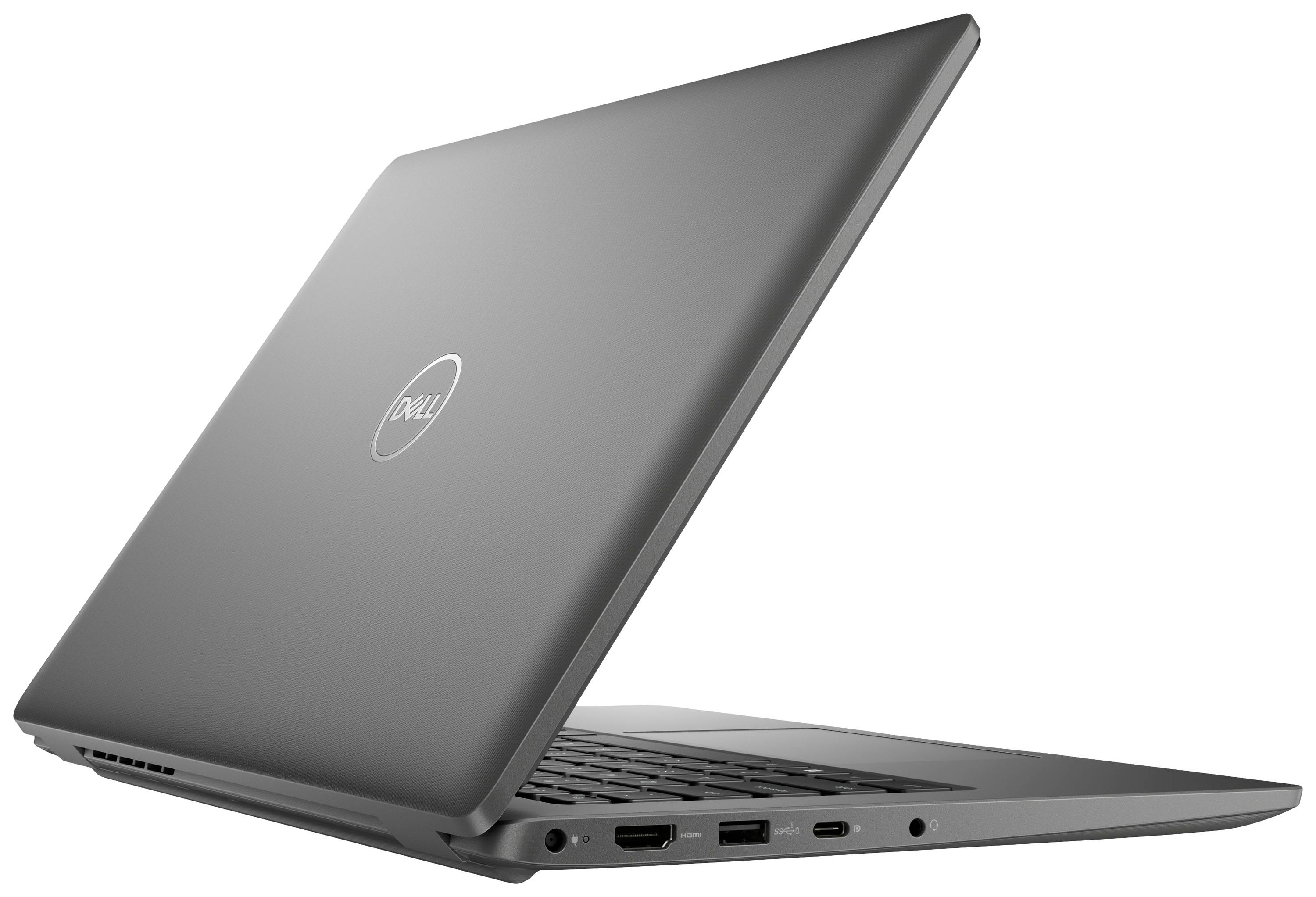 Un laptop argentato raffigurato di lato, parzialmente aperto. A sinistra sono visibili delle porte, il logo del marchio è sul coperchio.