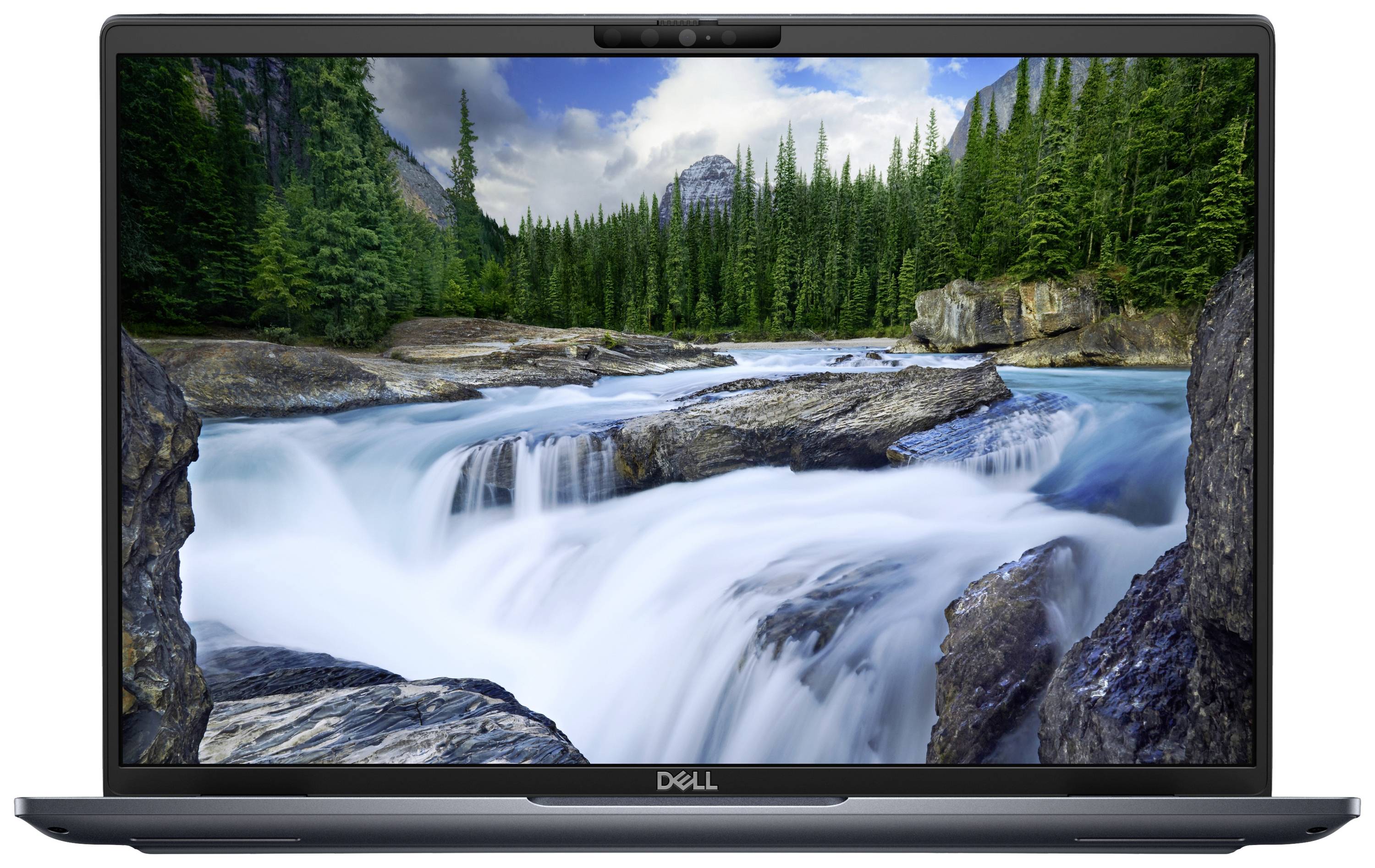 Un laptop con uno schermo che mostra un fiume in un paesaggio montano boschivo.
