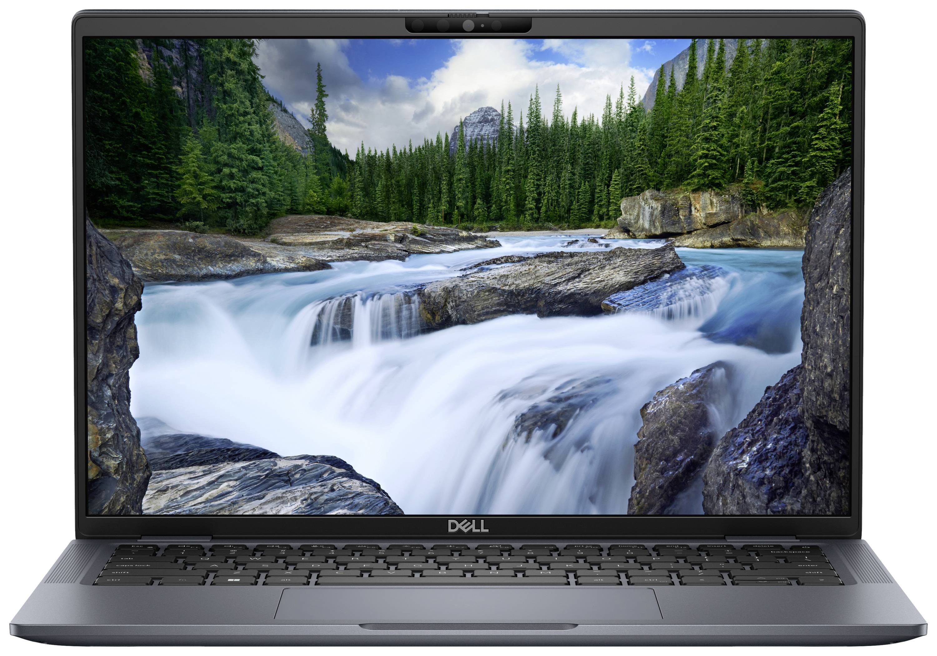 Un laptop Dell con un'immagine di un fiume e un bosco sullo sfondo dello schermo.