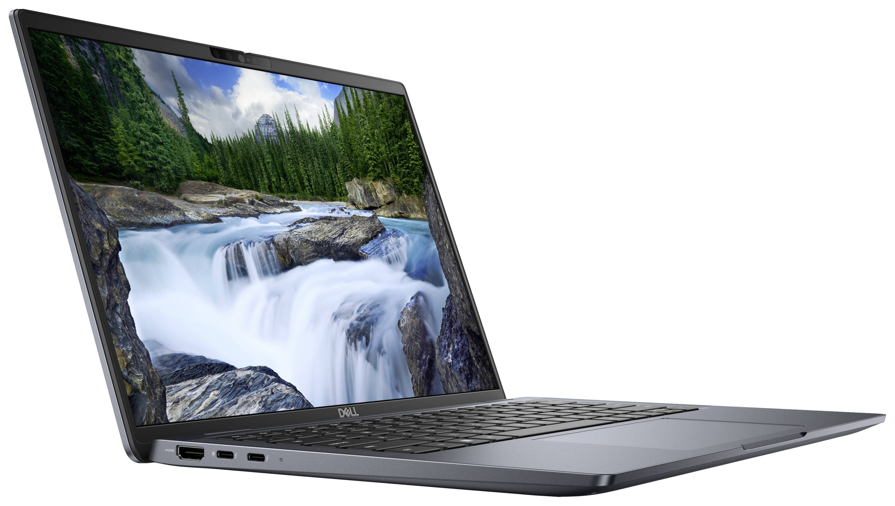 Un laptop aperto con uno schermo che mostra un'immagine di un fiume che scorre attraverso un bosco. Il laptop è posizionato su un tavolo.