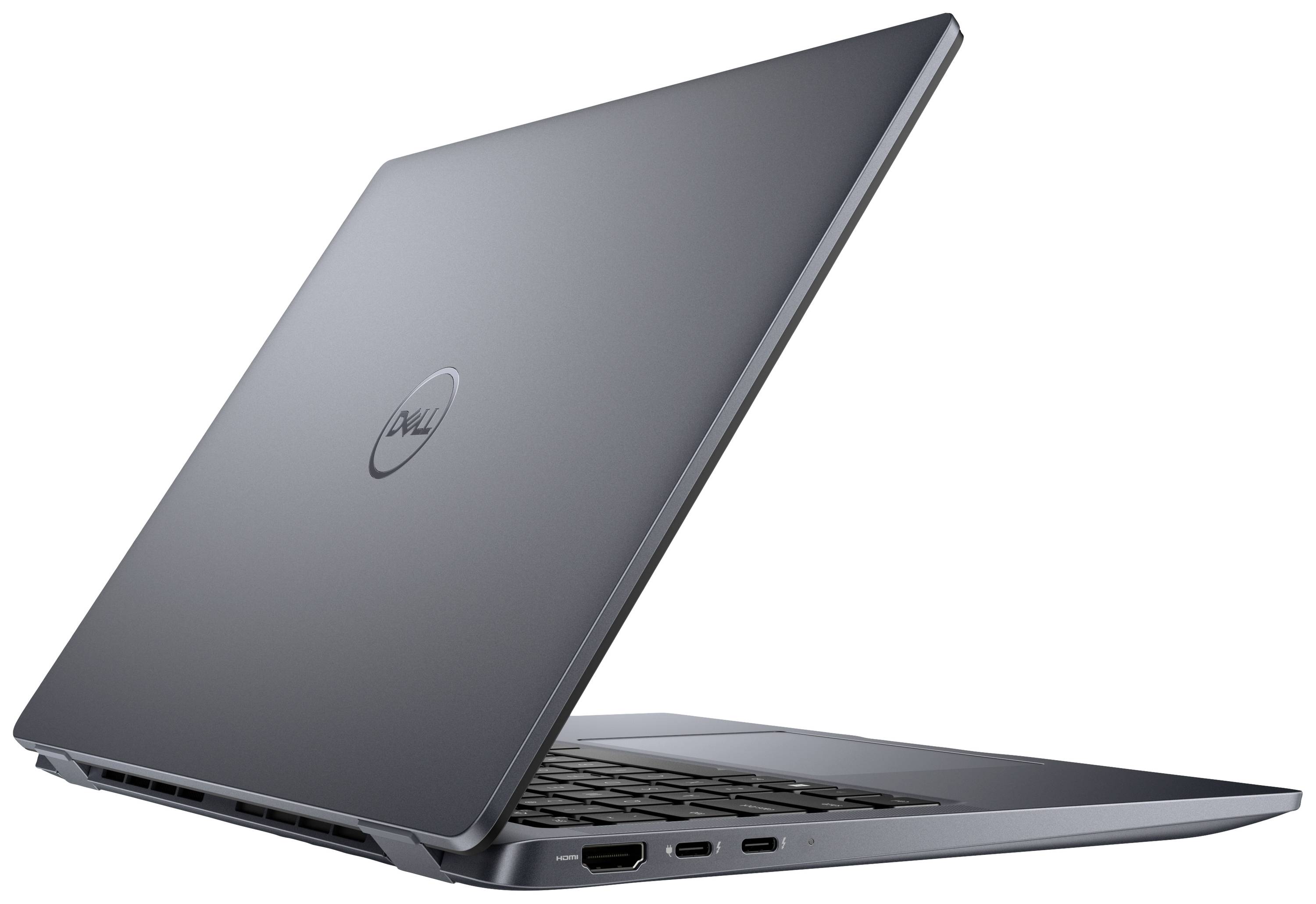 Un laptop parzialmente aperto, color argento, con vista posteriore e il logo del produttore.