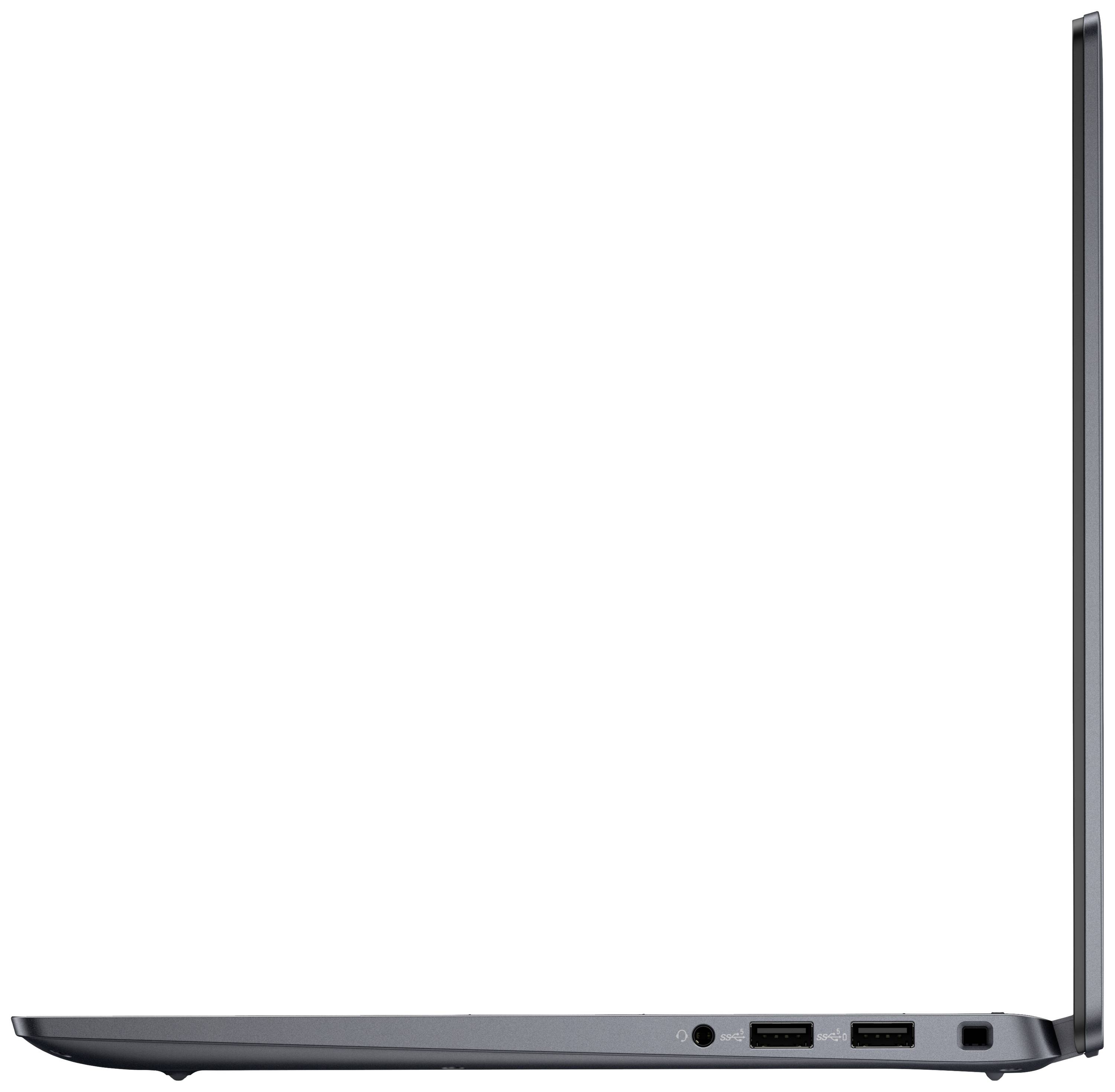 Veduta laterale di un laptop grigio con schermo aperto. Due porte USB sono visibili. Il dispositivo è poggiato su una superficie piana.