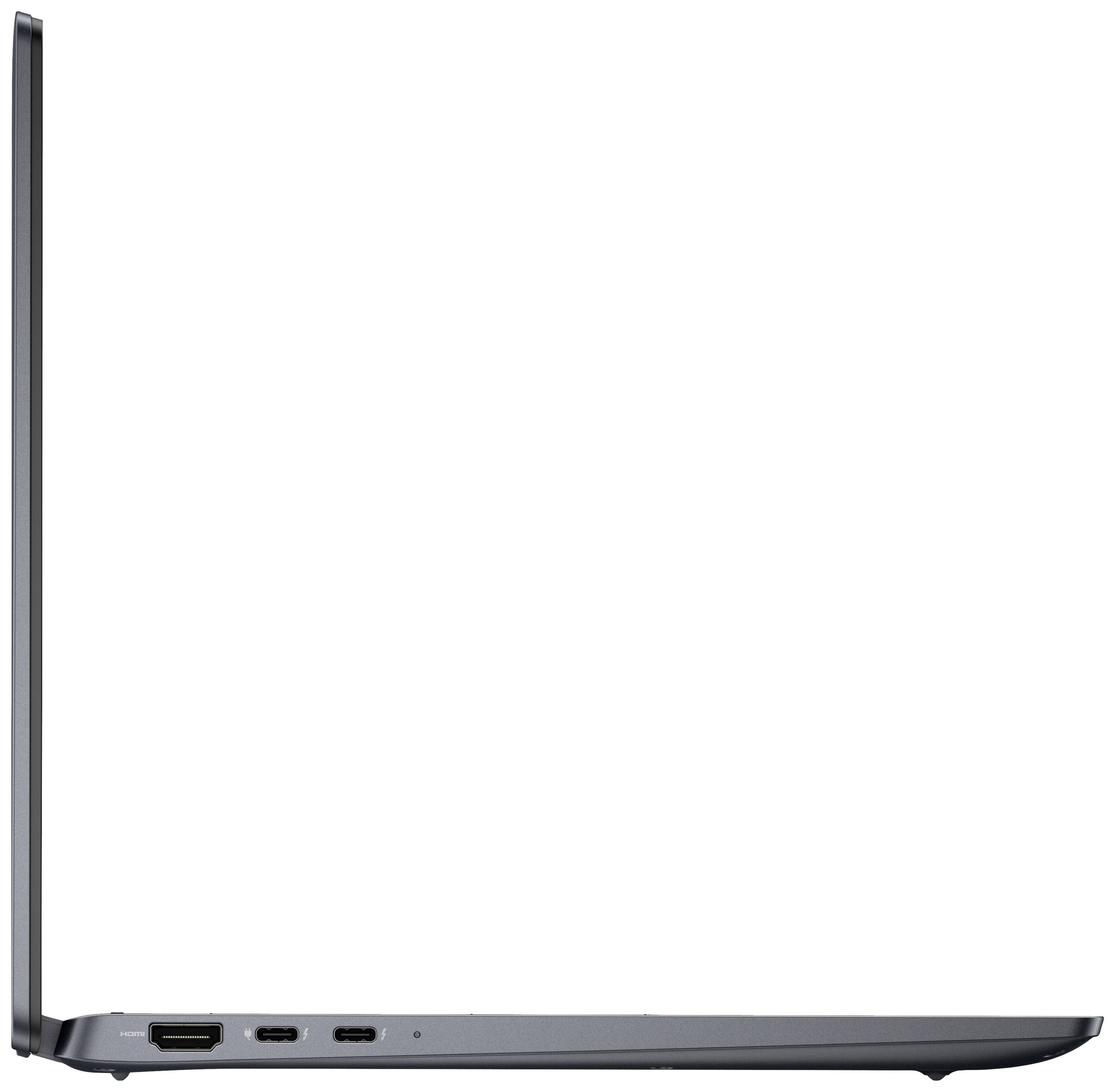 Un laptop di profilo con porte visibili, tra cui HDMI e due porte USB-C. Il dispositivo è sottile e in grigio scuro.