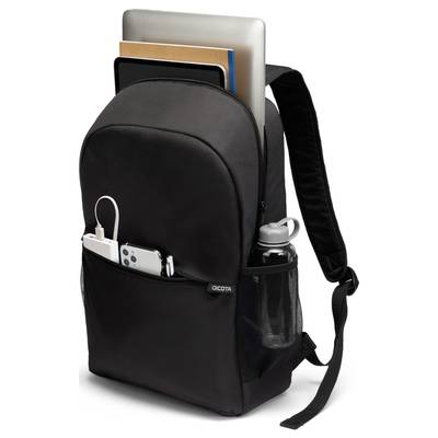 Uno zaino nero con laptop, tablet, smartphone, bottiglia d'acqua e caricabatterie visibili in diversi scomparti.