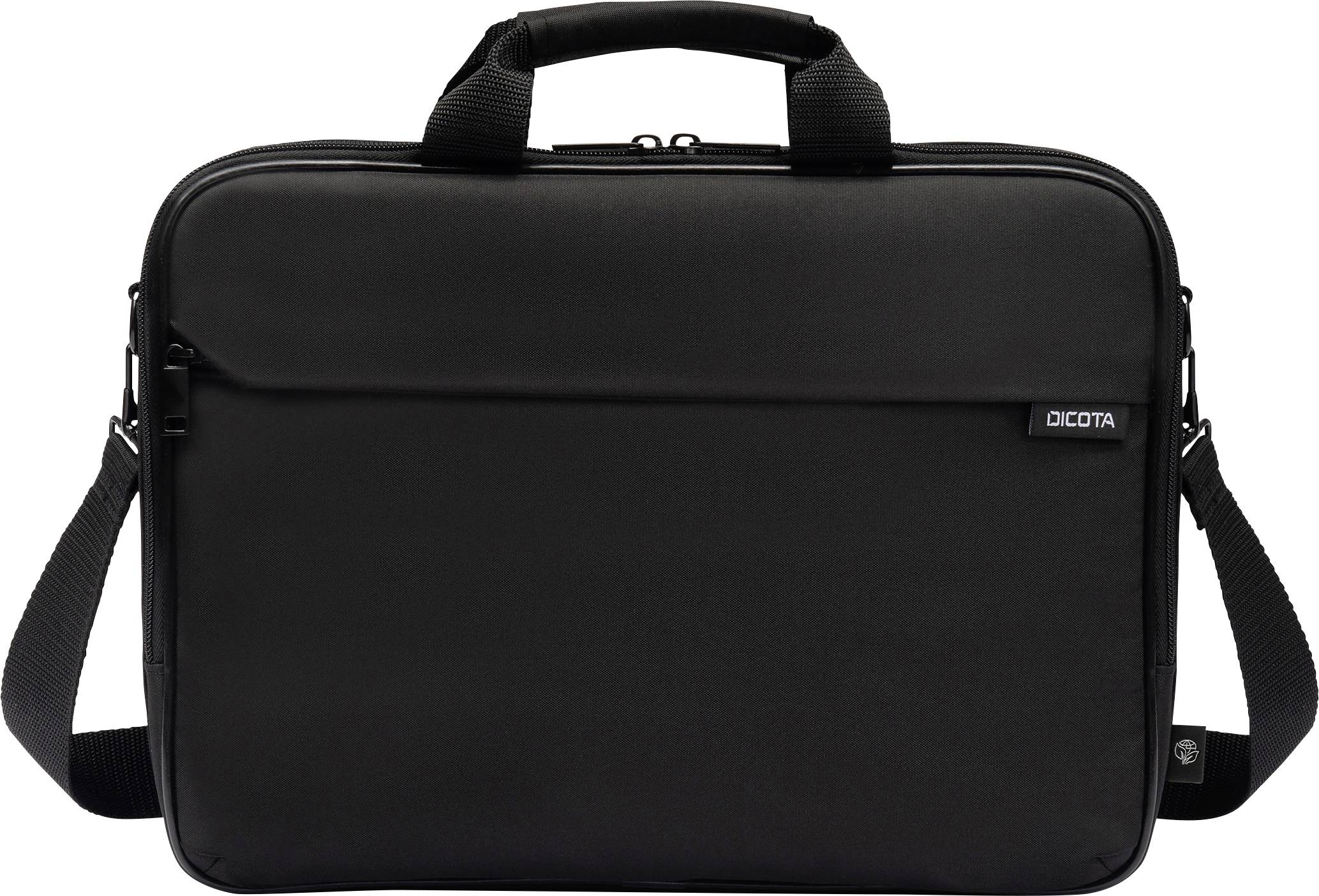 Borsa nera per laptop con cerniera, manico e tracolla, ideale per il trasporto sicuro di un computer portatile.