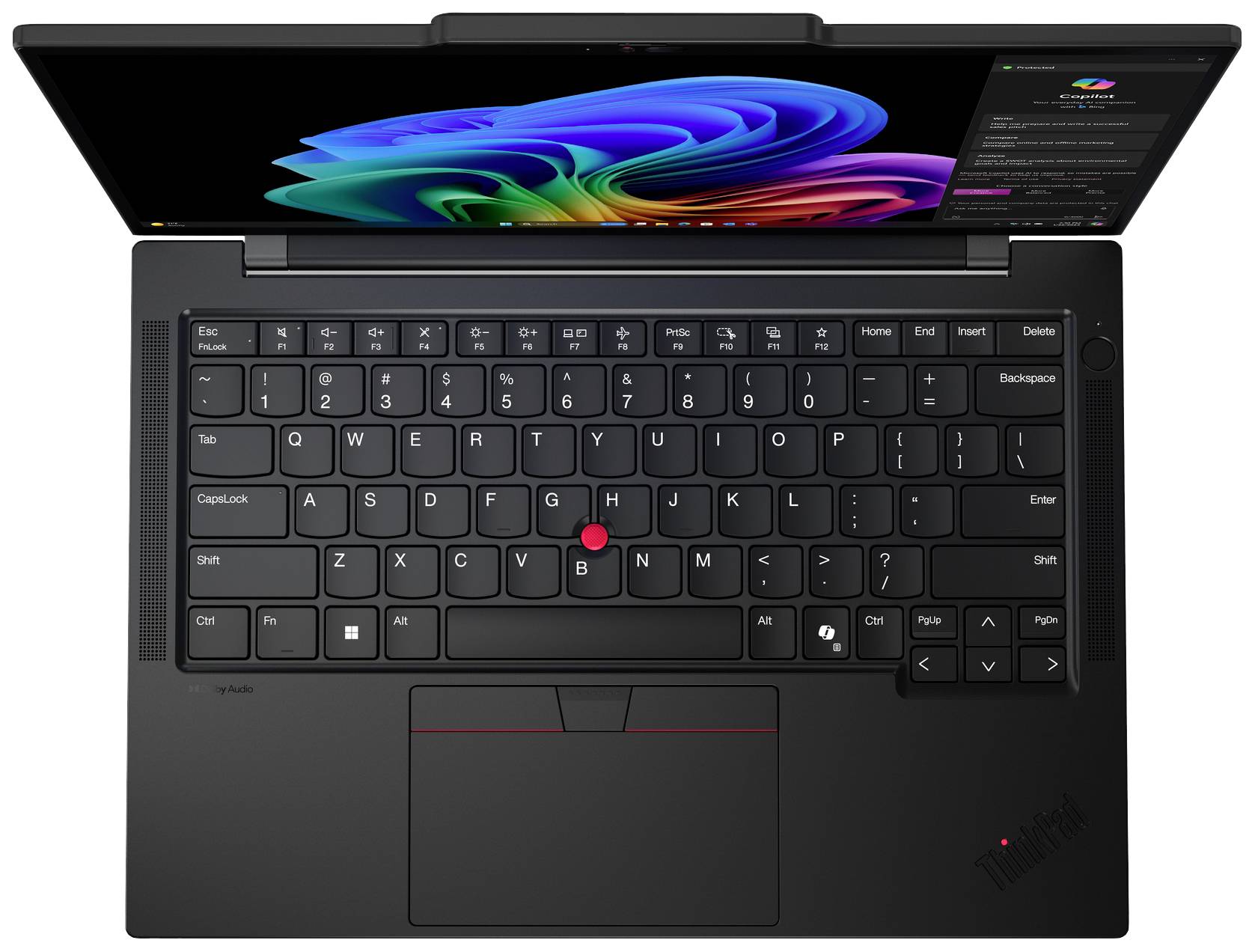 Un laptop aperto con una tastiera completa e uno schermo colorato che mostra uno spettro di colori.