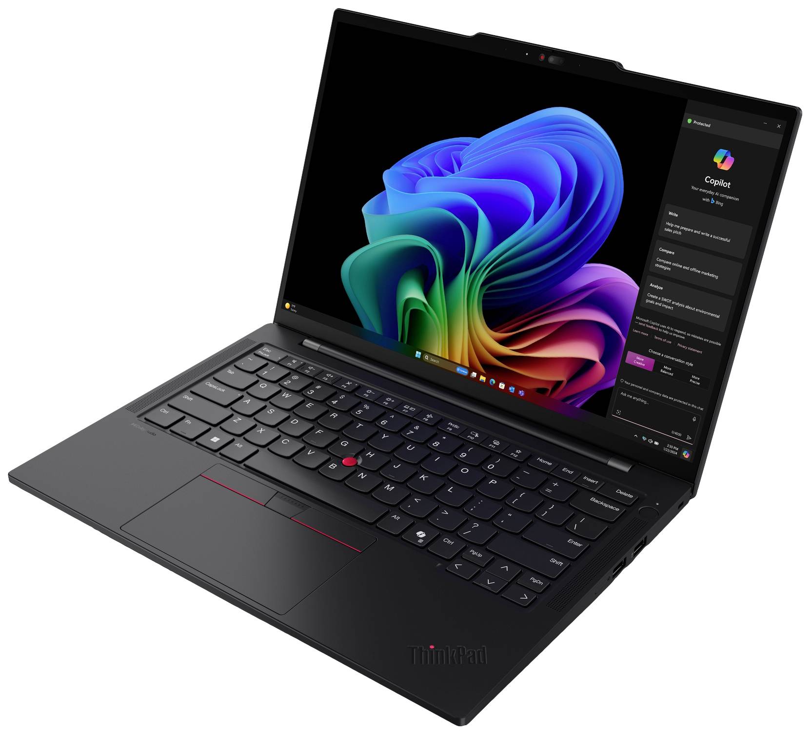 Un laptop moderno con schermo aperto mostra uno sfondo astratto e colorato e un'interfaccia utente sul lato destro.
