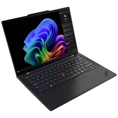 Un laptop nero con uno sfondo schermo colorato mostra l'interfaccia del sistema operativo. La tastiera è ben visibile.