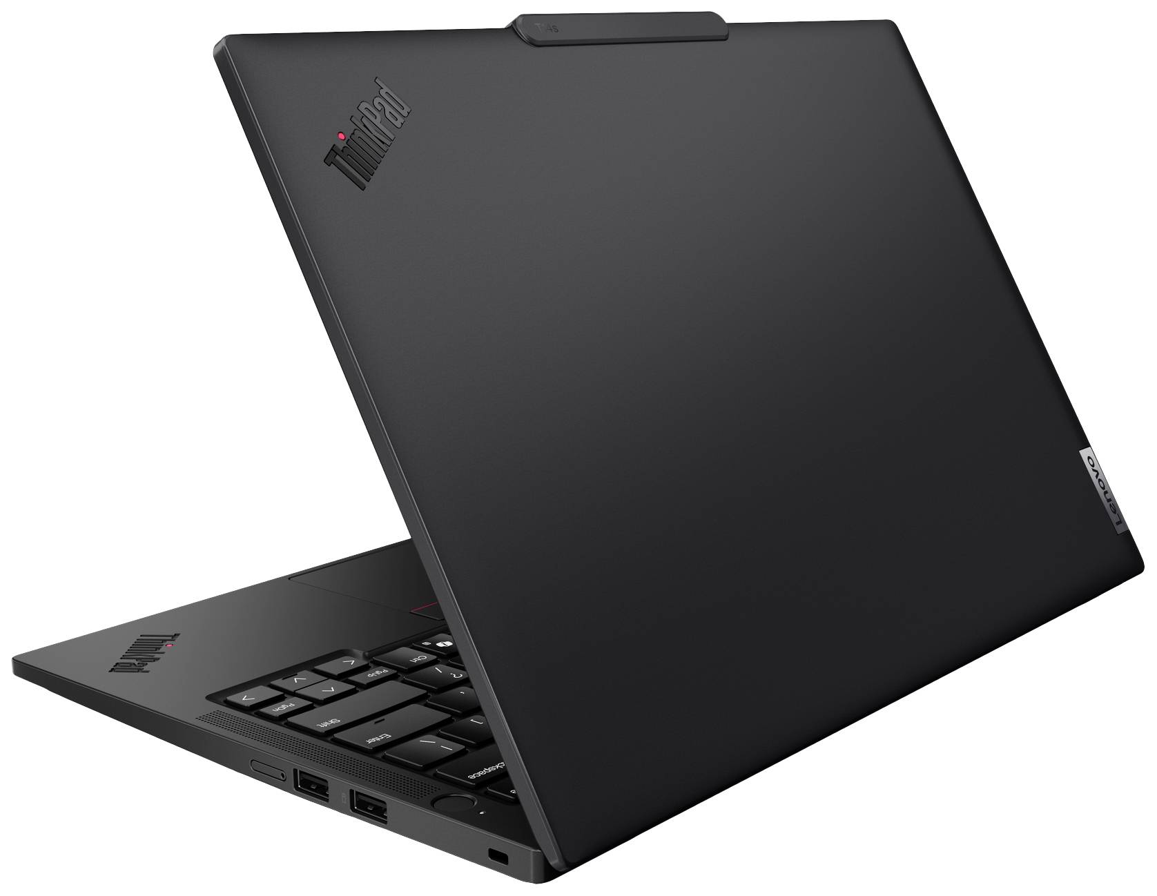 Un laptop nero con il coperchio leggermente aperto mostra il retro dello schermo e la tastiera. Alcuni connettori sono visibili.