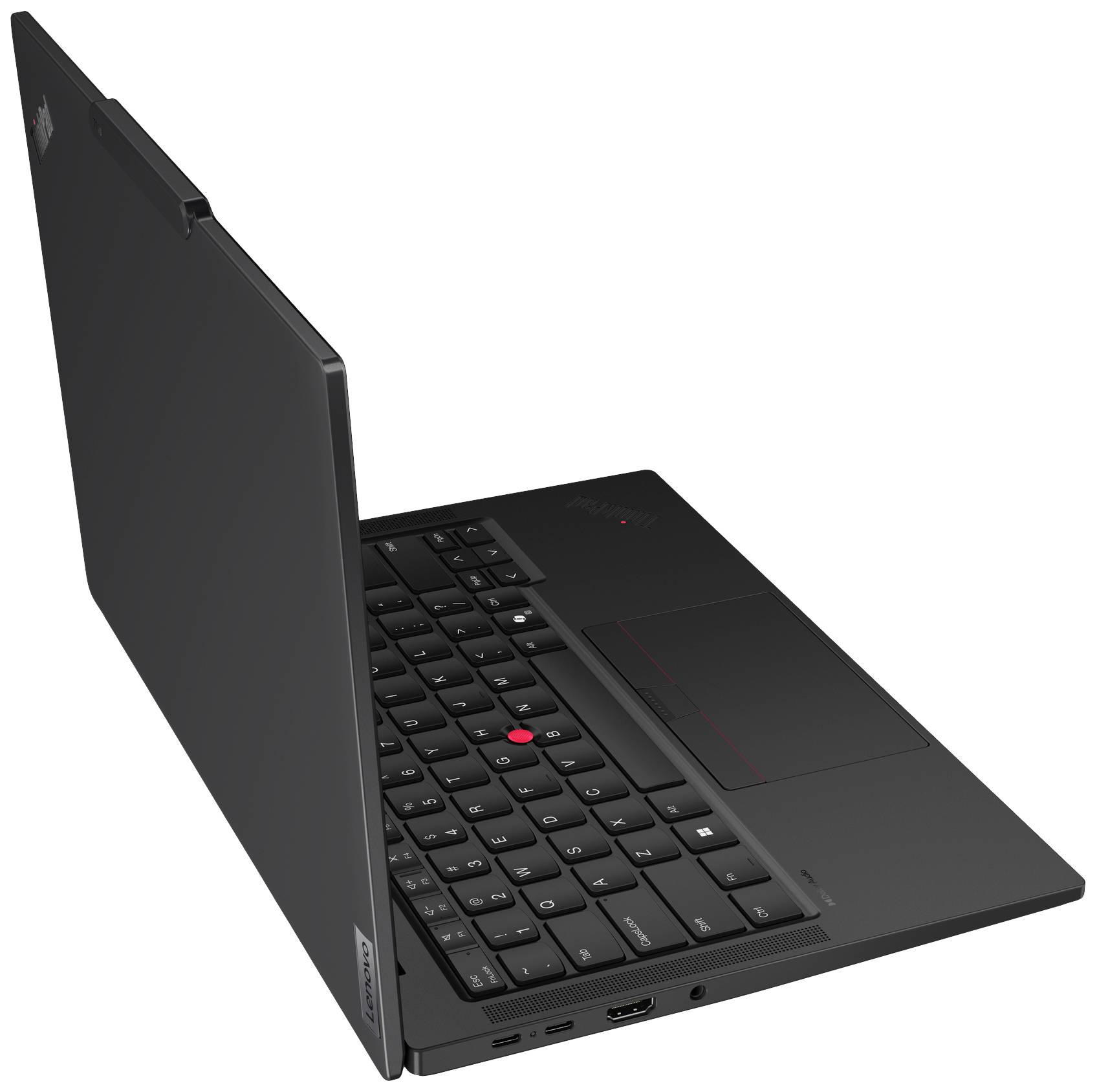 Un laptop nero parzialmente aperto con tastiera illuminata e trackpoint rosso. A sinistra è visibile una porta USB-C.