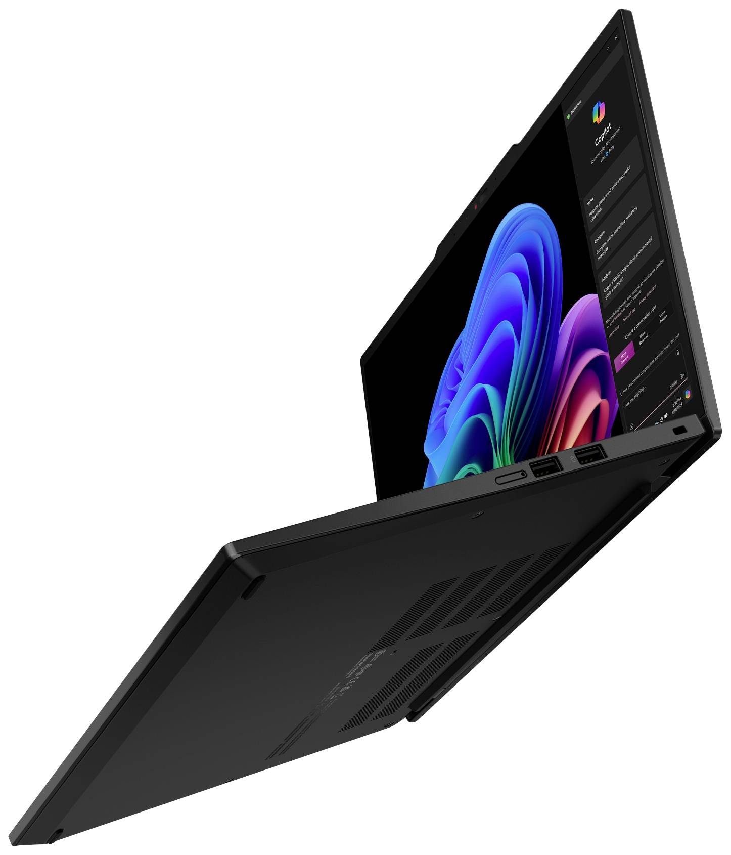 Un laptop nero in posizione aperta con uno schermo colorato che galleggia lateralmente; mostra un'eleganza tecnologica.