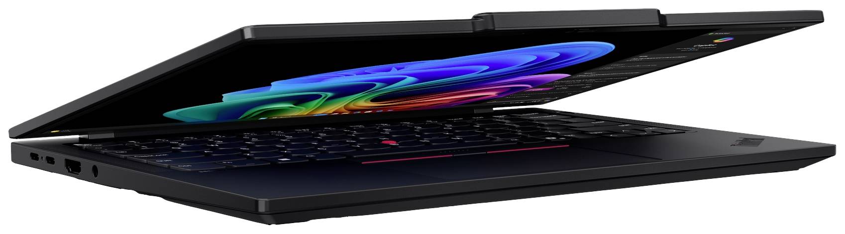Un laptop semi-aperto con schermo illuminato e colorato. Tastiera e chassis sono prevalentemente neri.