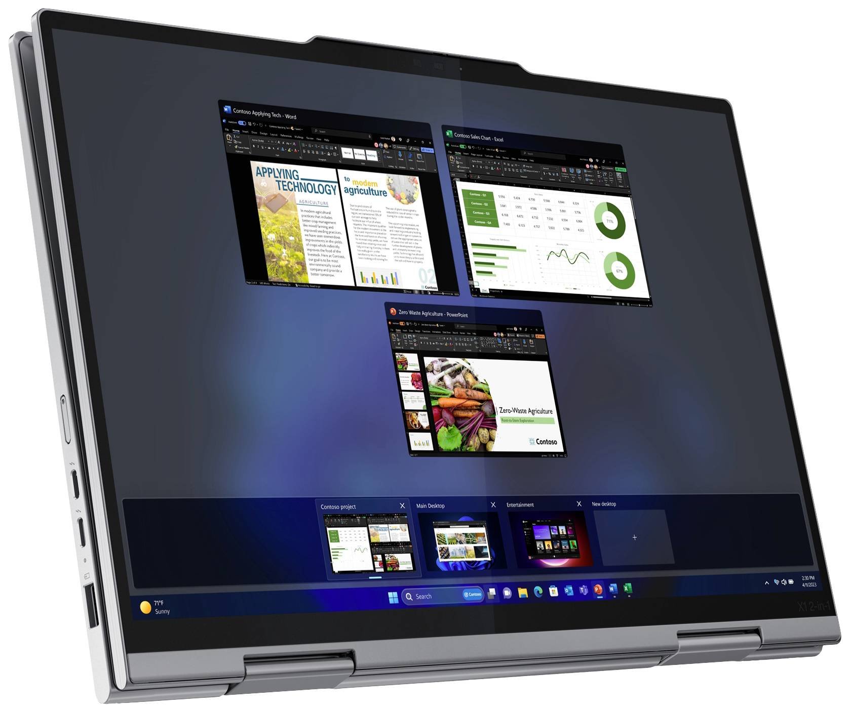 Uno schermo di un laptop mostra tre finestre aperte: un documento sull'applicazione tecnologica, una panoramica finanziaria e una presentazione.