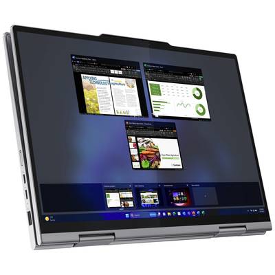 Uno schermo di un laptop mostra tre finestre aperte: un documento sull'applicazione tecnologica, una panoramica finanziaria e una presentazione.