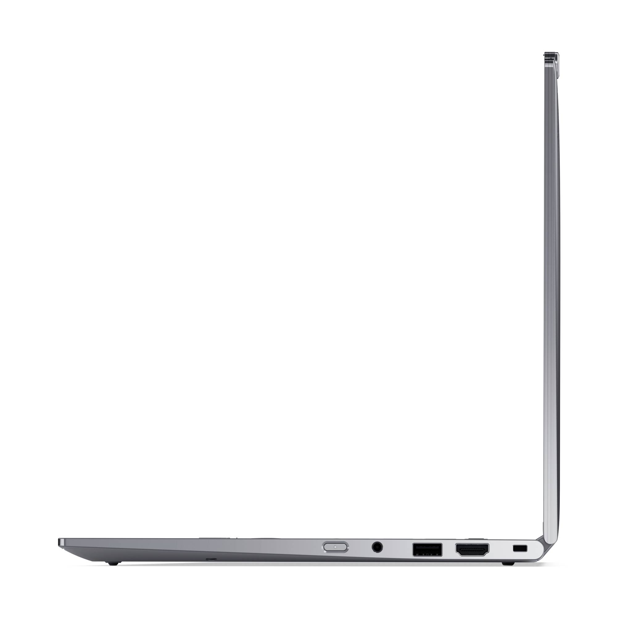 Laptop aperto di lato; design sottile, visualizzazione delle porte: USB, HDMI, jack per cuffie.