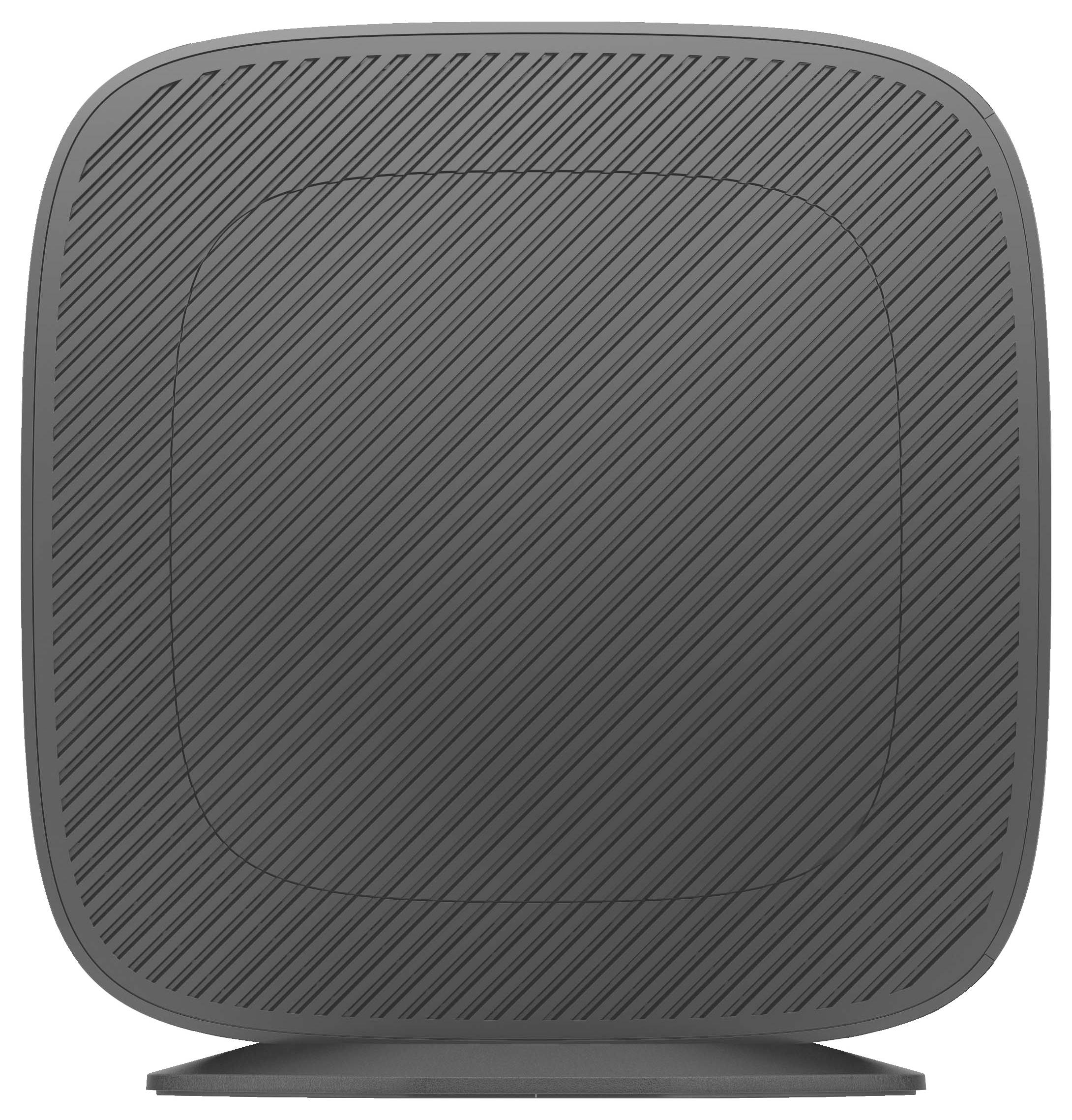 Un altoparlante quadrato nero e grigio con sottili linee diagonali sulla parte anteriore. Il design è semplice e moderno.