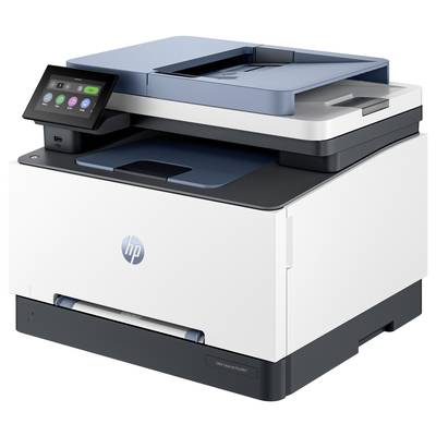 Una stampante bianca con schermo touch mostra il logo HP sul davanti. La stampante è compatta e adatta per applicazioni da ufficio.