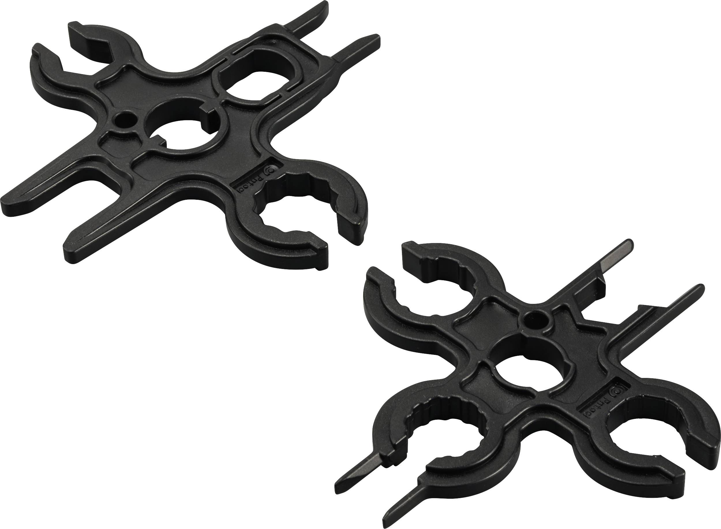 Due clip nere in plastica, ciascuna con quattro bracci e un'apertura centrale, su sfondo bianco. Fungono da elementi di fissaggio.