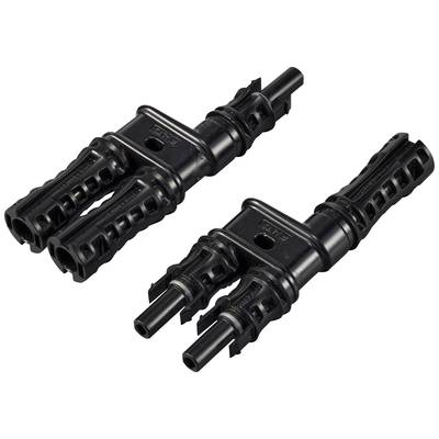 Due connettori in plastica nera, affiancati, ciascuno con due attacchi a innesto. Utilizzati per connessioni elettriche.