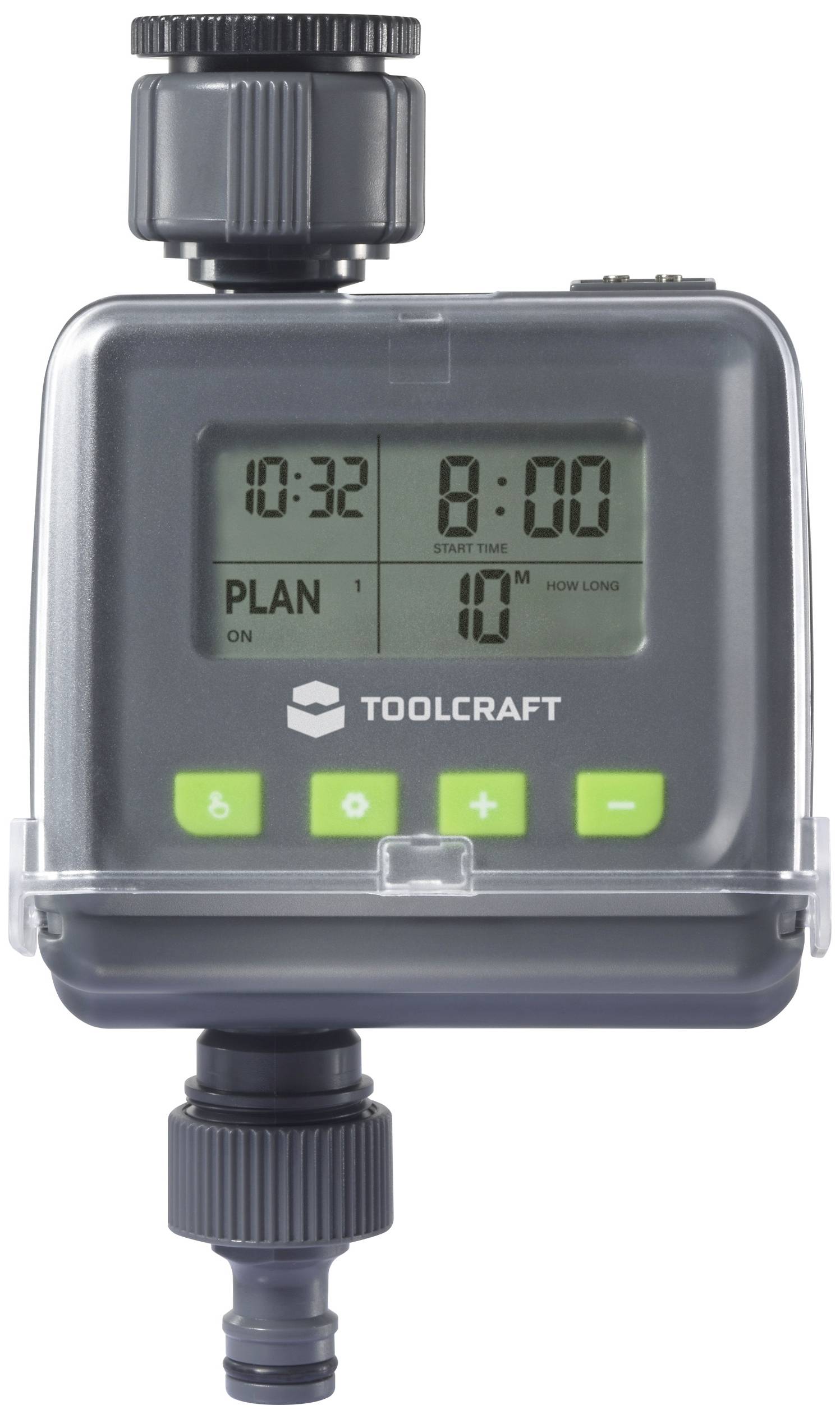 Computer di irrigazione con display digitale che mostra 'PIANO 1', ora attuale 10:32, ora di inizio 8:00 e durata dell'irrigazione di 10 minuti.