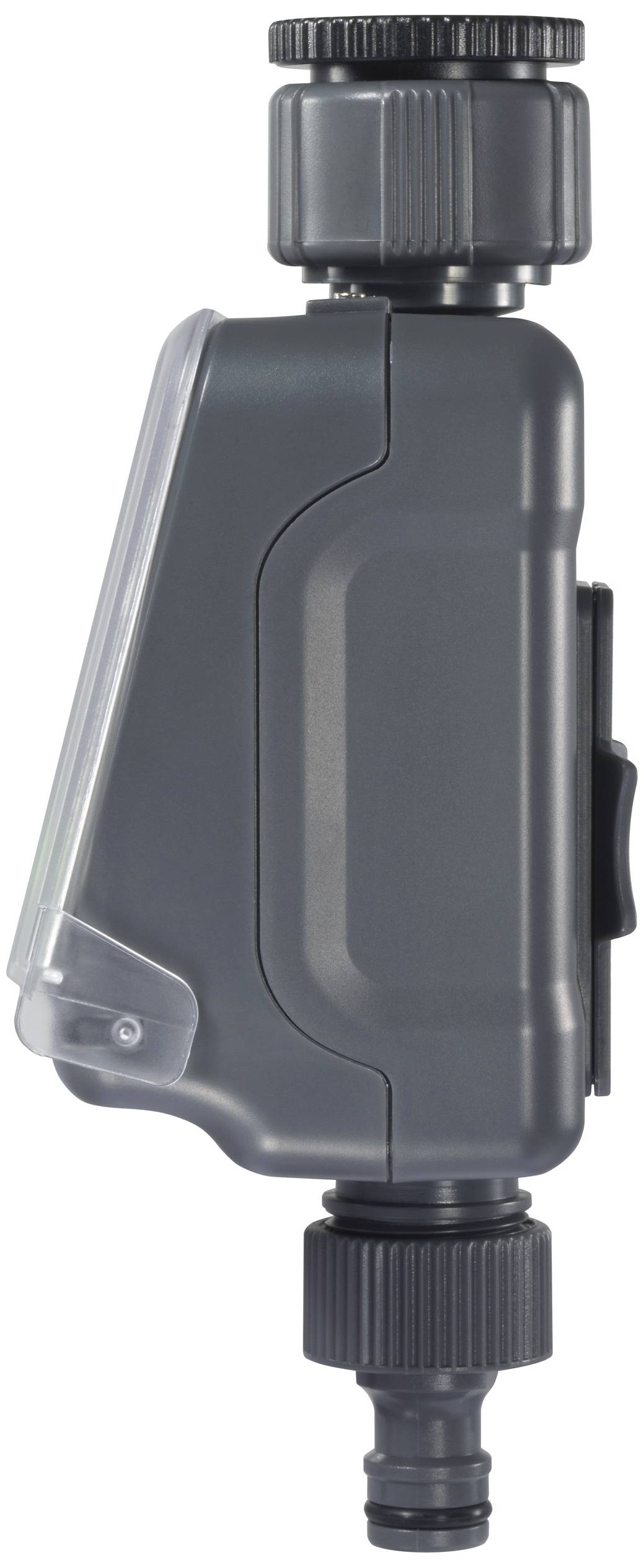 Veduta laterale di un temporizzatore grigio per l'irrigazione, con attacchi superiori e inferiori, utilizzato per il controllo dei flussi d'acqua.
