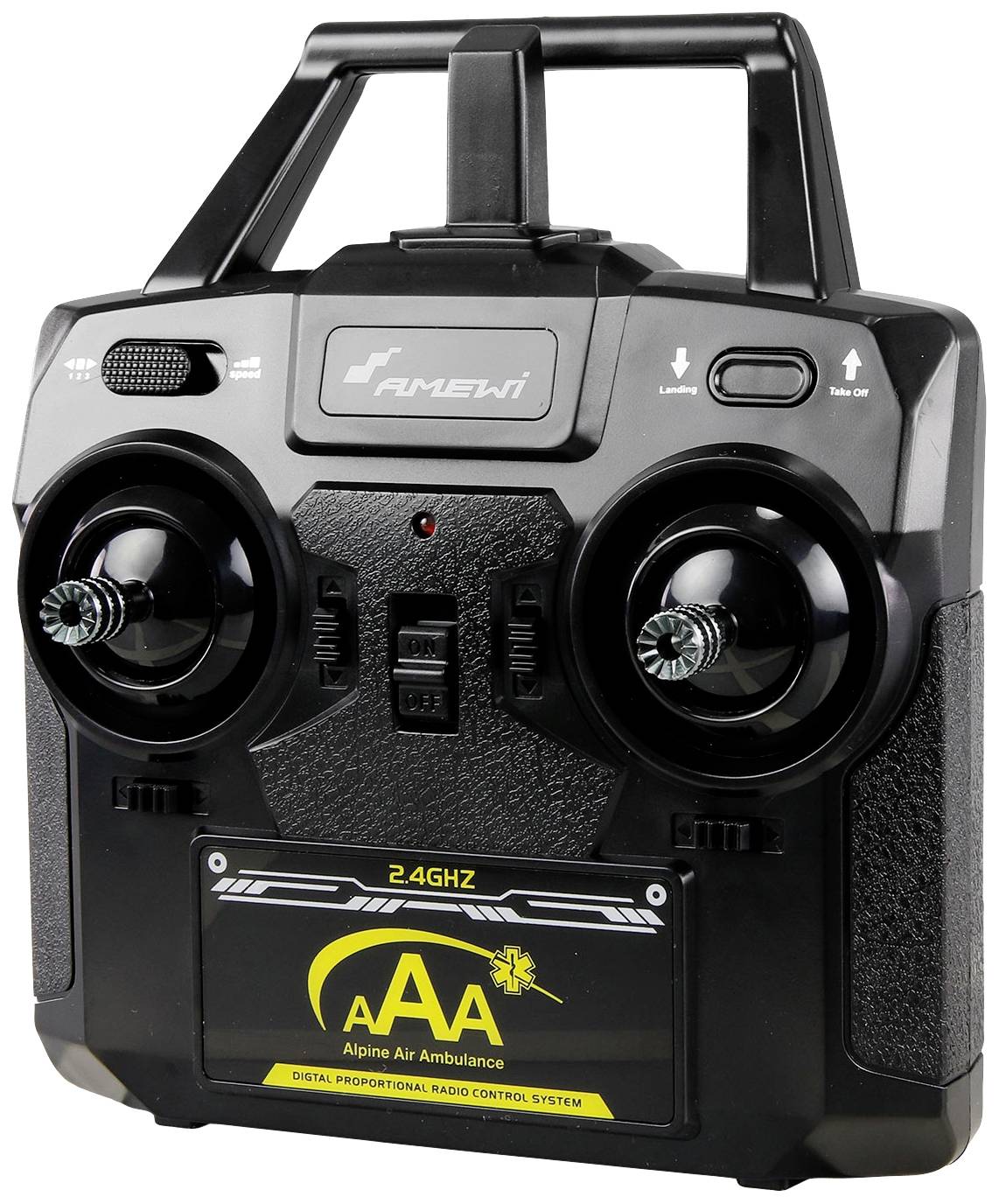 Un telecomando nero per un aereo modello con due leve di comando e un'antenna. Marcatura 'AAA' e '2.4GHz'.