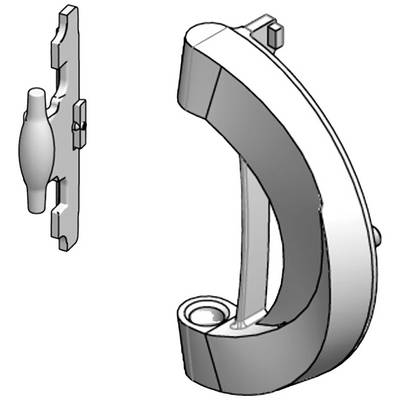 Un modello 3D di un pomolo per porta. A sinistra c'è una piastra metallica piatta, a destra un manico curvo. Entrambi i pezzi sono compatibili.