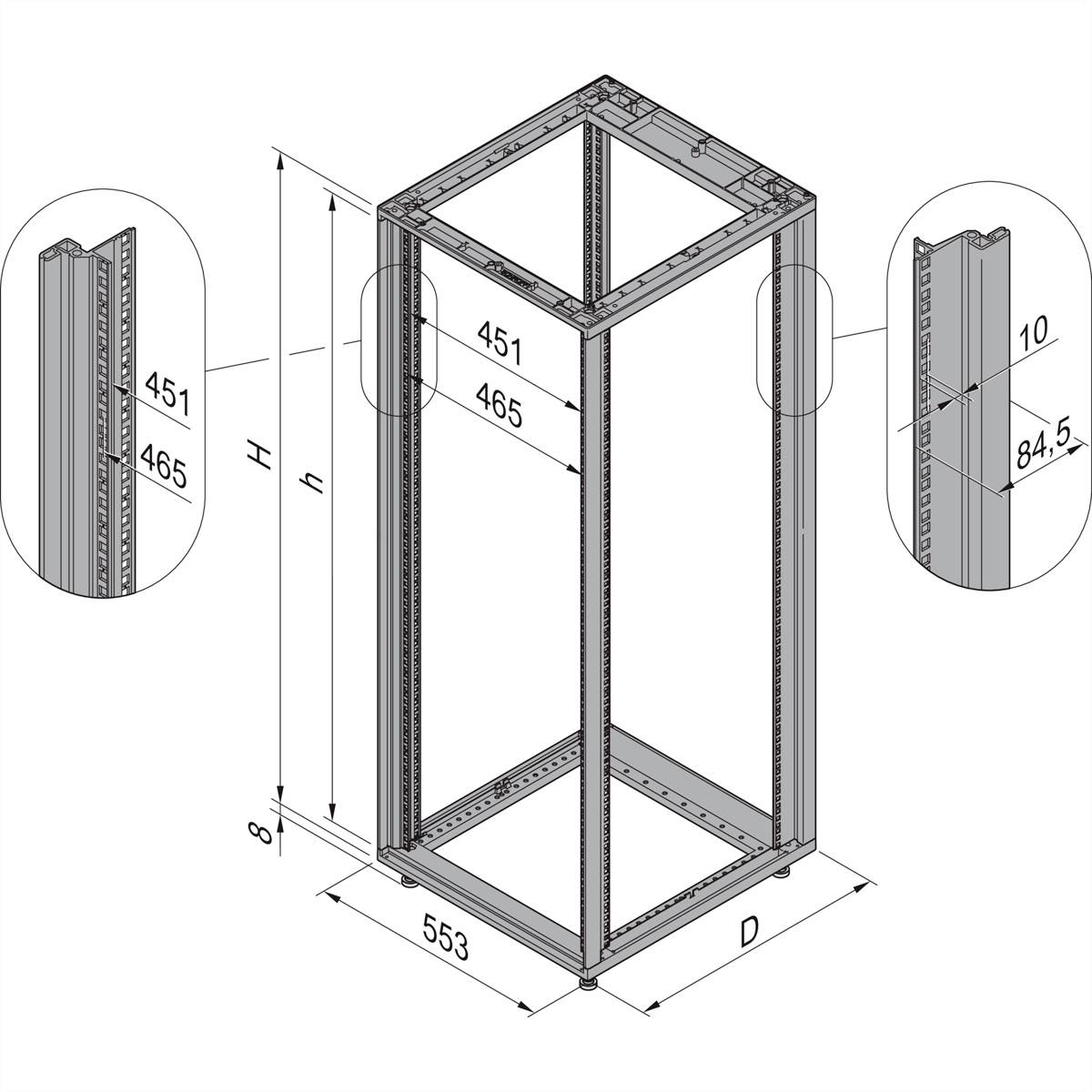 Disegno tecnico di un telaio rettangolare con dimensioni dettagliate: altezza (H), larghezza (B) e profondità (D) indicate.