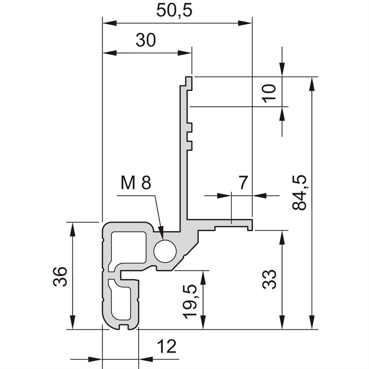 Disegno tecnico di un profilo con quote: larghezza 50,5 mm, altezza 84,5 mm, diversi dettagli interni e foro per vite M8 contrassegnato.