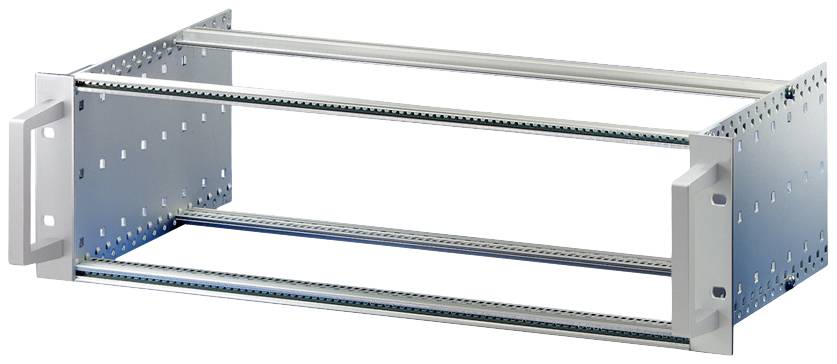 Telaio metallico per moduli elettronici, non montato, argentato. Idoneo per il montaggio a rack di dispositivi in un alloggiamento da 19 pollici.