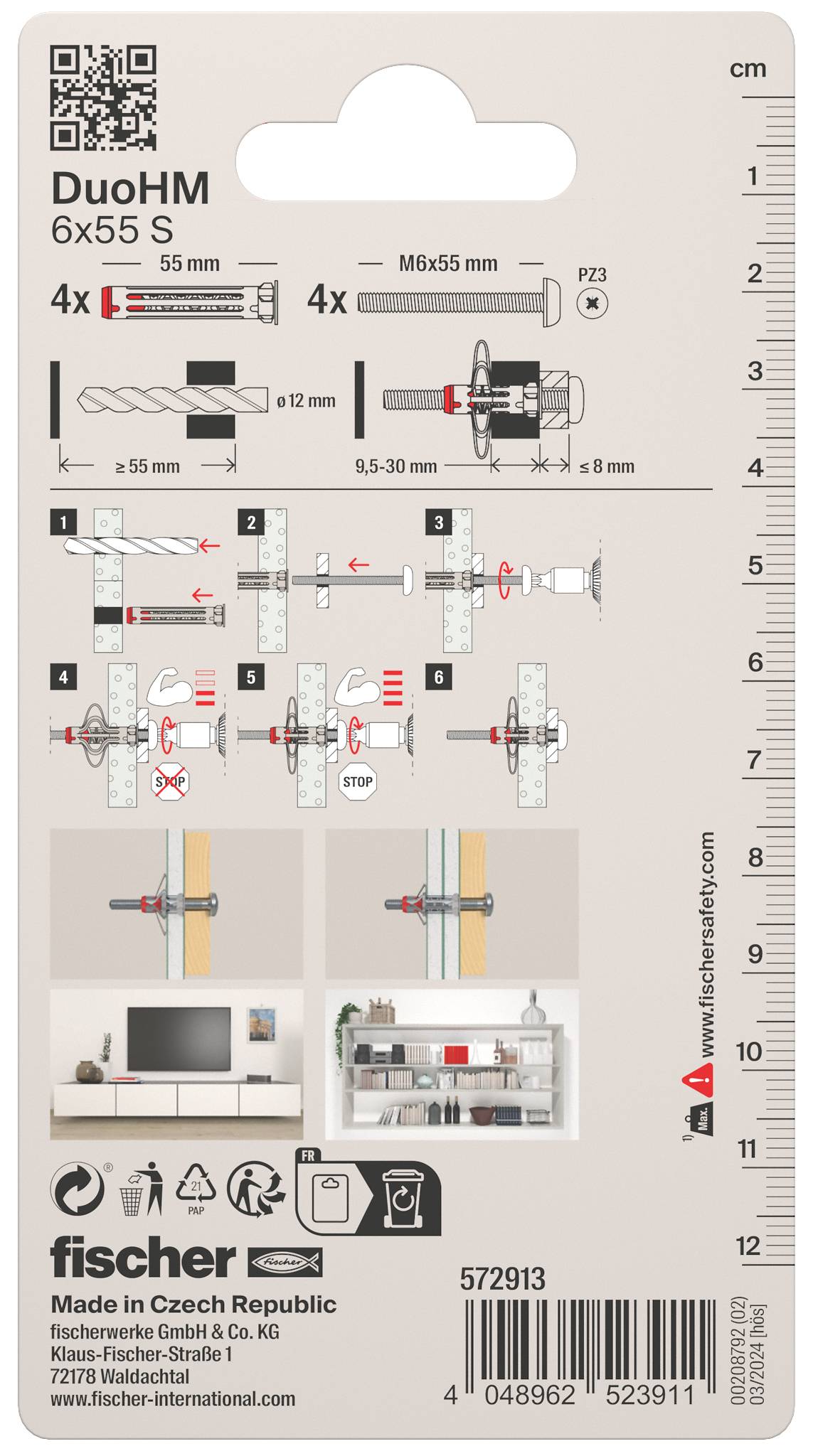 Ancora per parete Fischer DuoHM 6x55 S con codice QR, diagrammi di installazione, dimensioni e marchio "fischer".