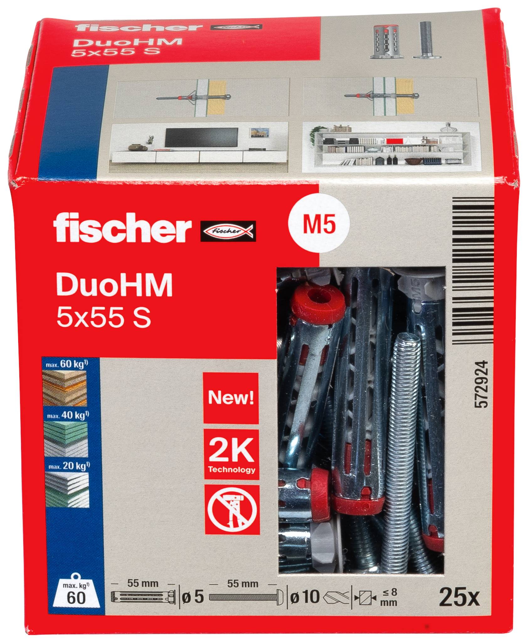 Confezione di tasselli Fischer DuoHM 5x55 S M5, con visualizzazione di 25 pezzi e valori di carico nominali sulla scatola.