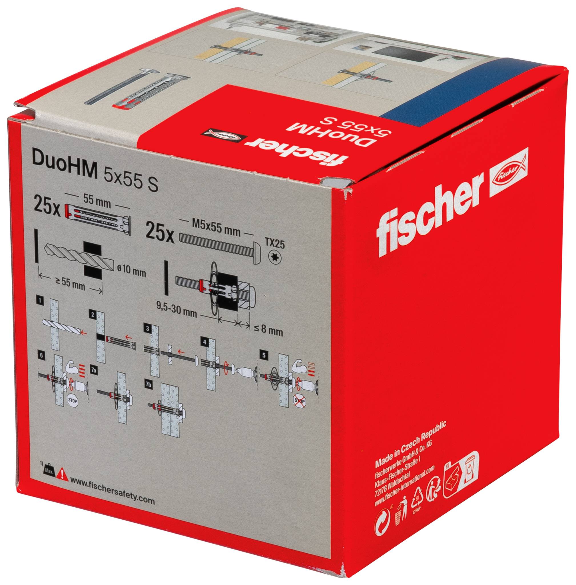 Una scatola di Fischer DuoHM 5x55 S che mostra diagrammi di installazione per ancore a parete e specifiche tecniche su imballaggio rosso e grigio.