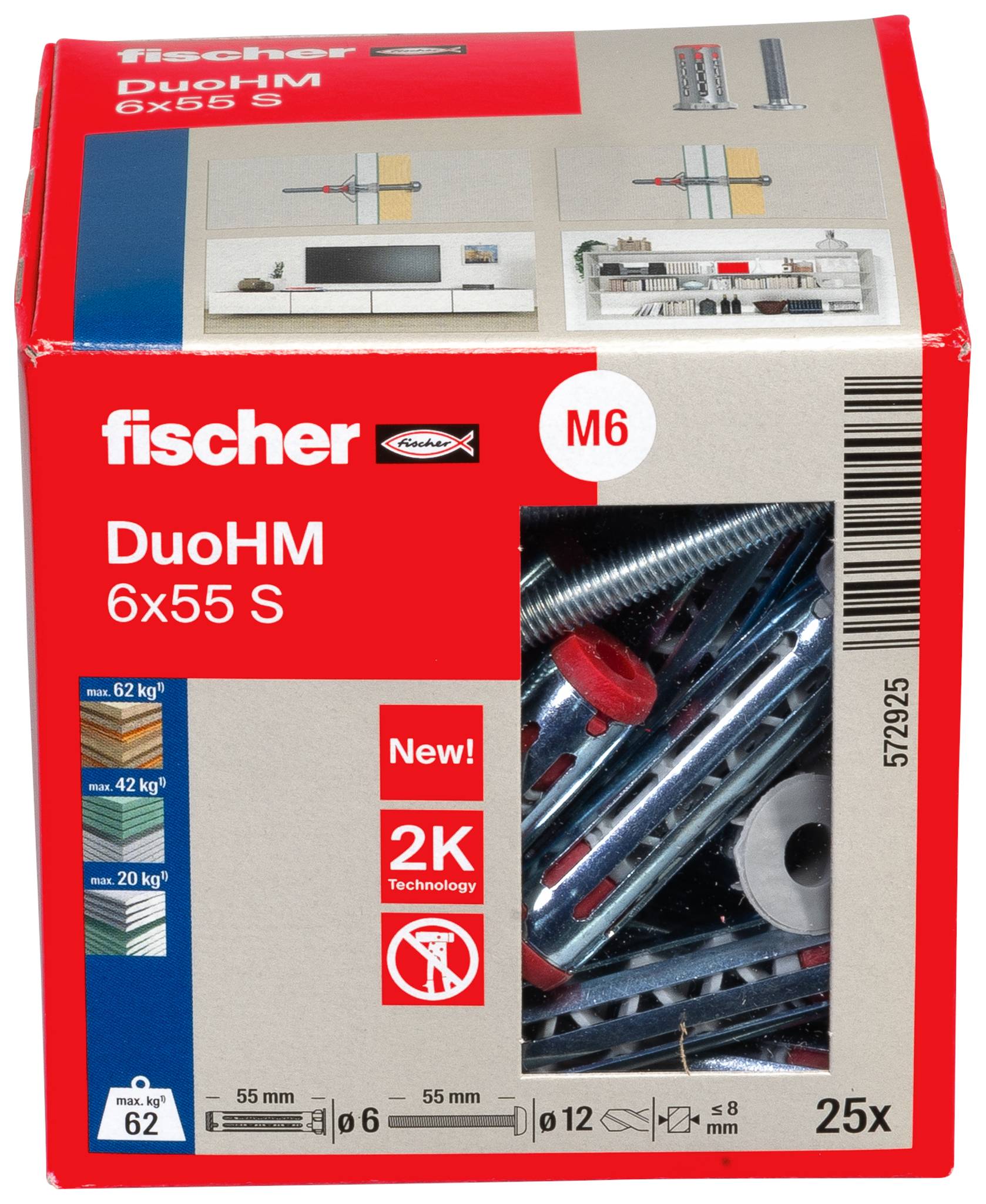 Scatola di tasselli da parete Fischer DuoHM 6x55 S M6, che mostra il prodotto attraverso una finestra e i valori di carico per il montaggio a uso gravoso.