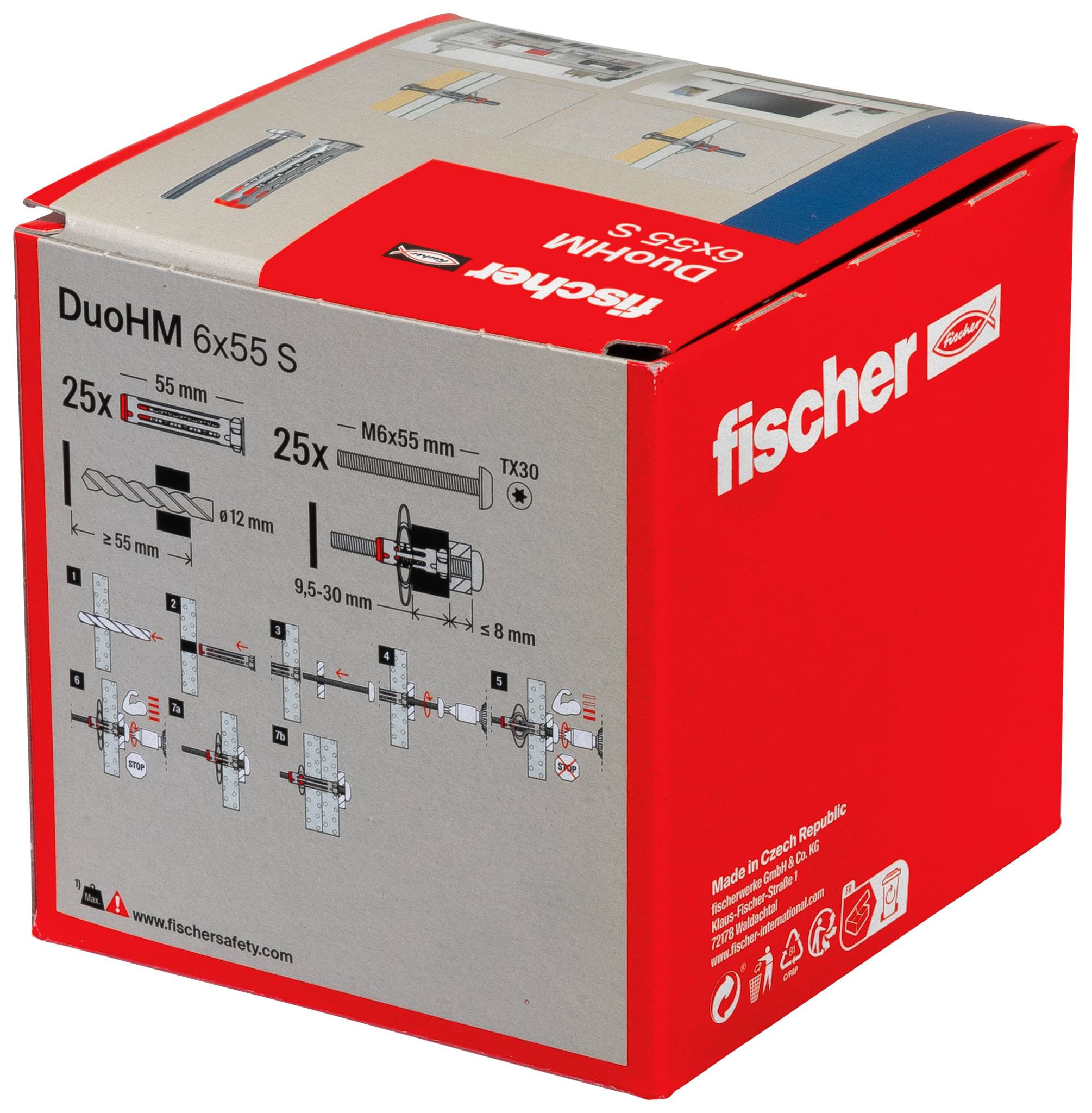 Scatola di tasselli per pareti Fischer DuoHM 6x55 S, che mostra le dimensioni del prodotto, le quantità, la punta per trapano e i diagrammi di installazione.