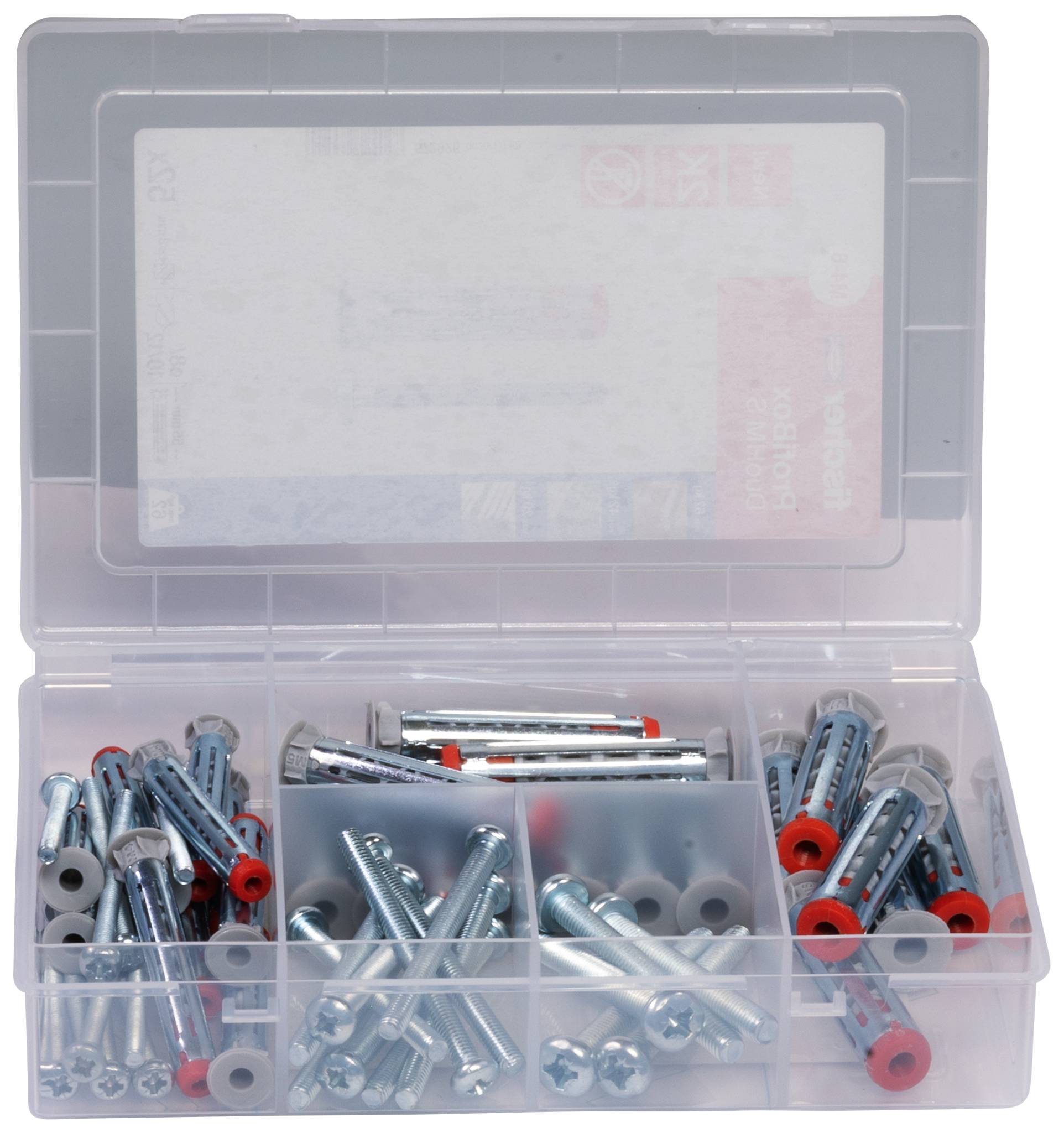 Scatola organizzatrice in plastica con tasselli per parete assortiti e viti in scomparti separati, mostrata aperta con il contenuto visibile.