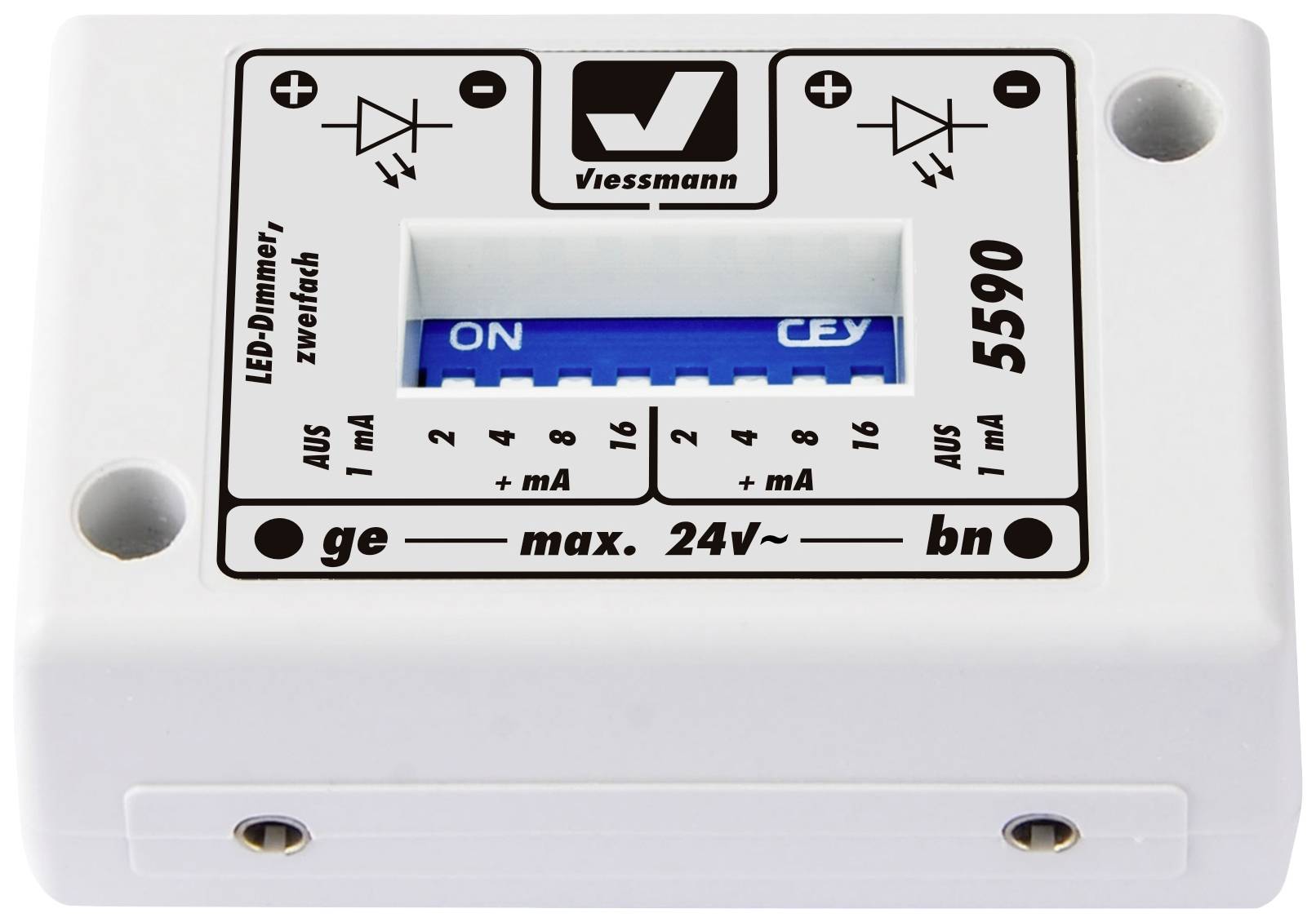 'Viessmann LED Dimmer: bidirezionale, max. 24V~, Modello 5590. Regolazione della corrente da -1mA a +16mA possibile.'