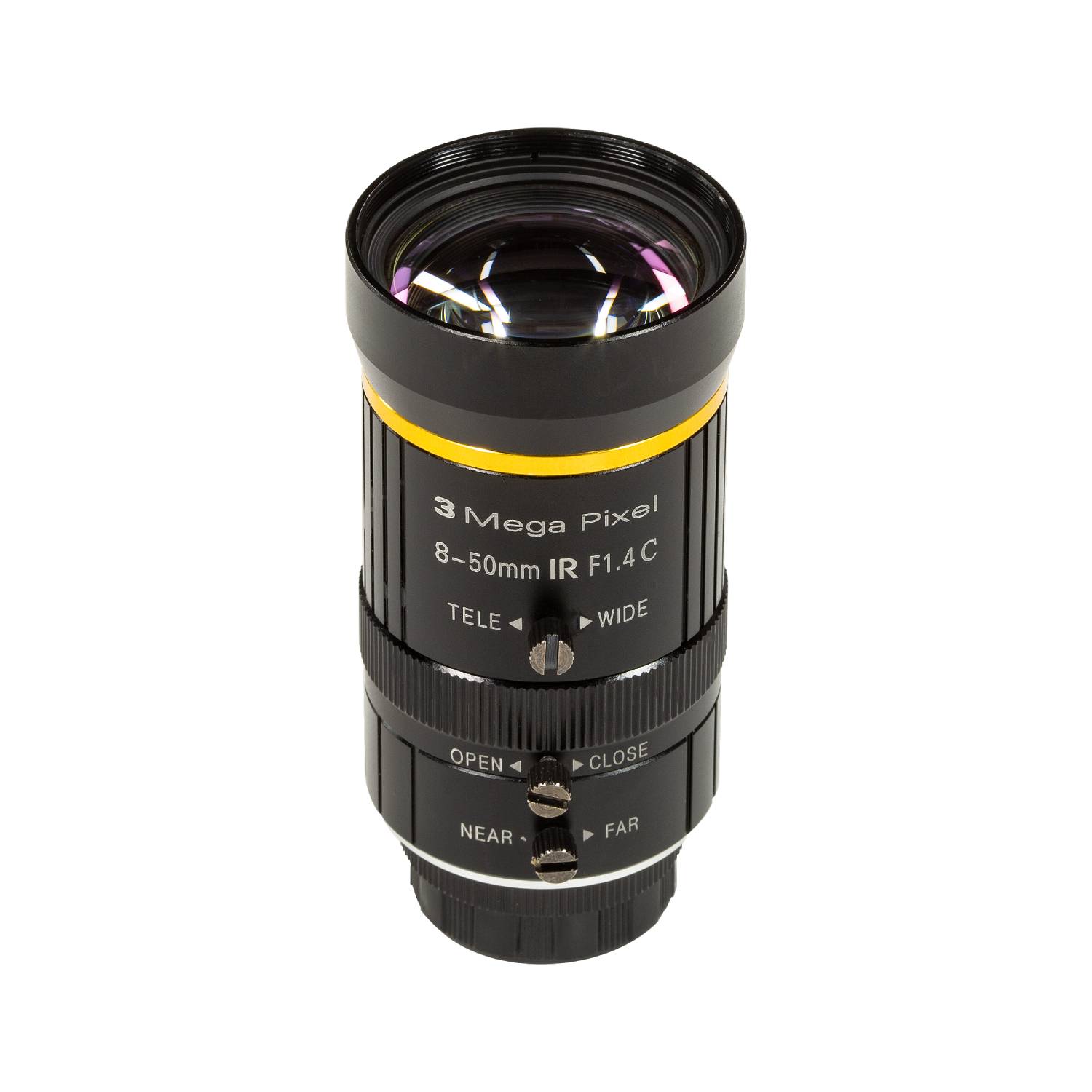 Obiettivo per telecamera di sorveglianza, 3 megapixel, lunghezza focale 8-50mm, funzione IR, messa a fuoco e regolazione del diaframma manuali.