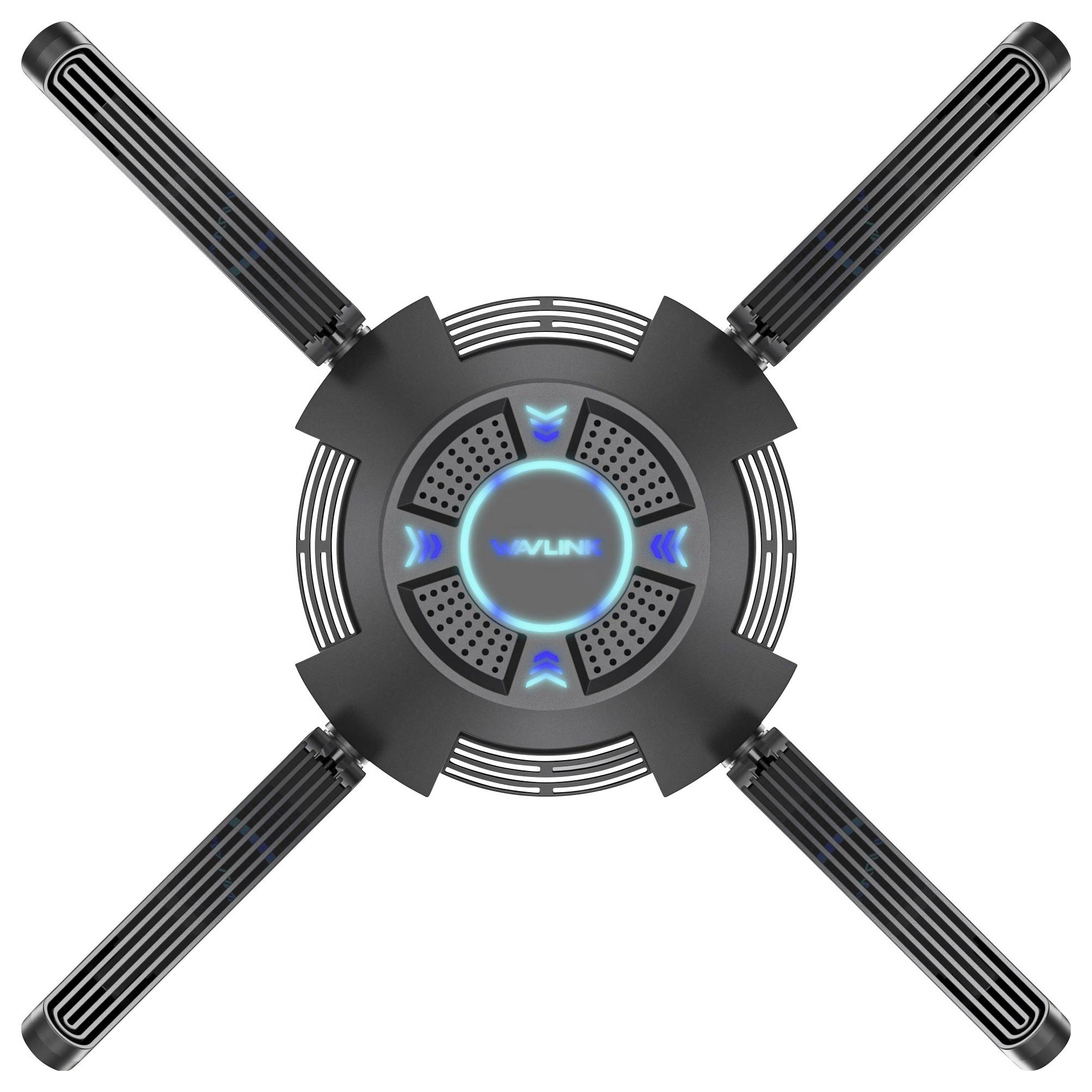 Un router WLAN nero con quattro antenne orientate e un logo blu illuminato al centro che mostra un design futuristico.
