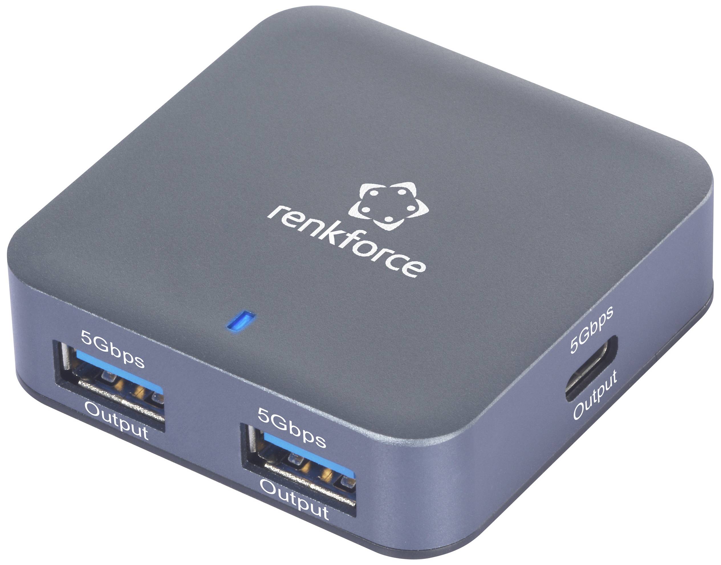 Un hub USB compatto di colore grigio, marca Renkforce, con tre porte per trasferimenti dati fino a 5 Gbps.