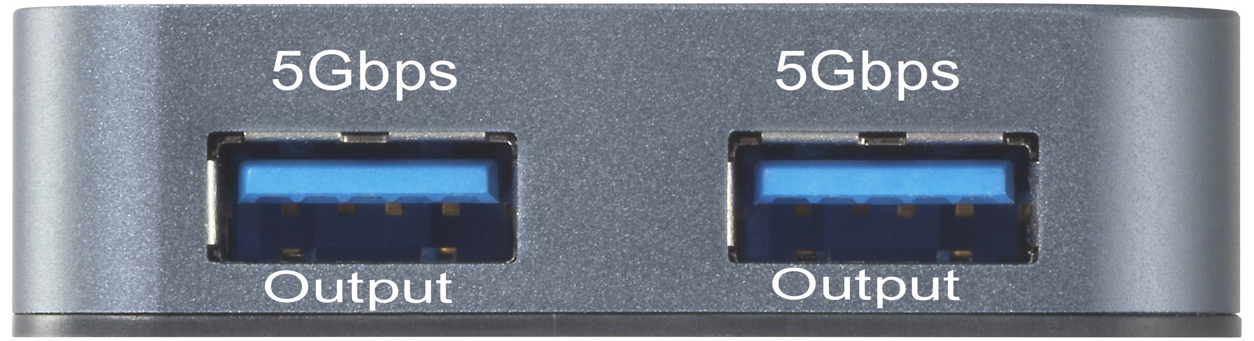 Due porte USB con la scritta '5Gbps Output', indicano una velocità di trasferimento di 5 Gigabit al secondo.
